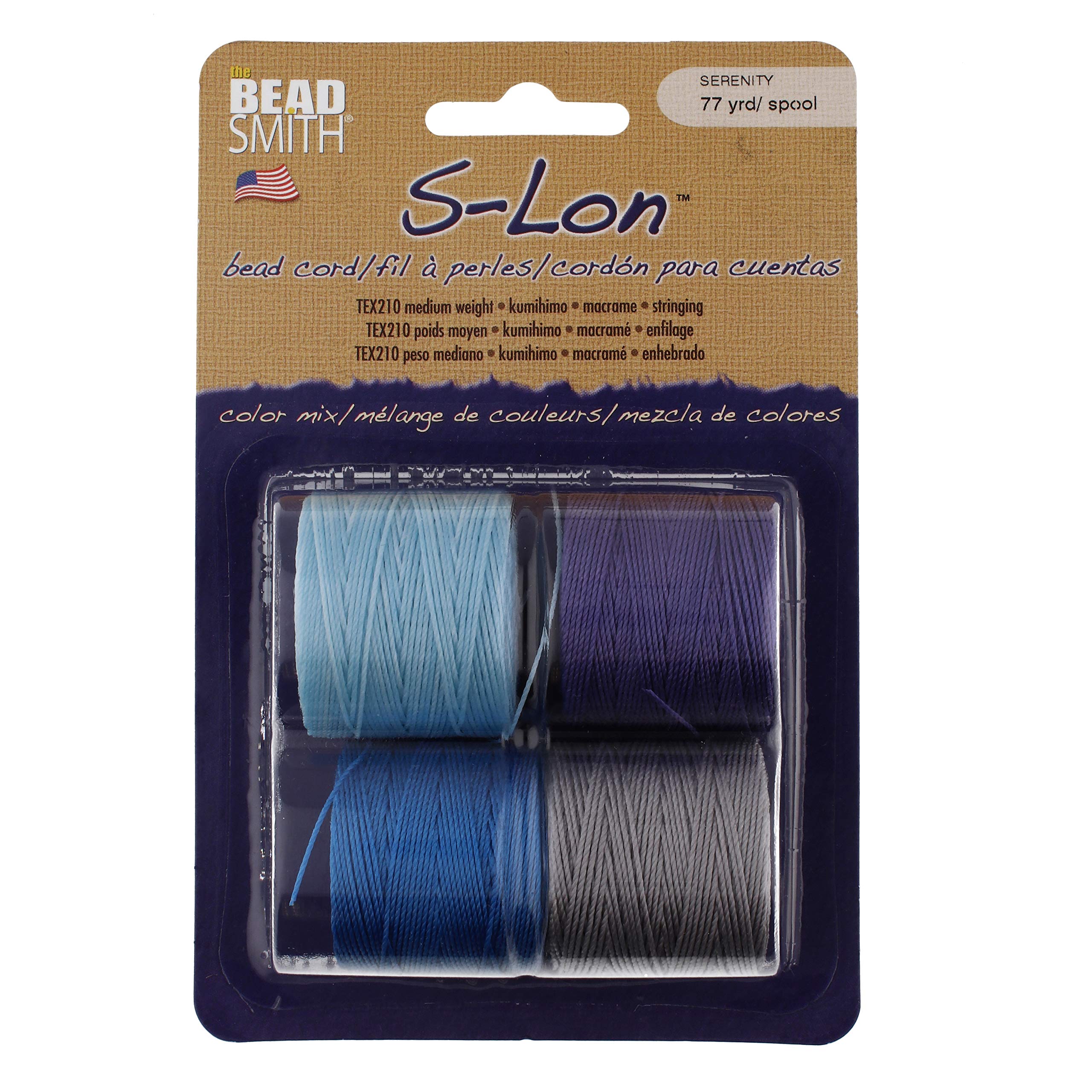 Beadsmith S-Lon #18 sznurek, wielopak z 4 szpulami (mieszanka serenity), idealny do nawlekania koralików, szydełkowania i biżuterii z mikromakramy
