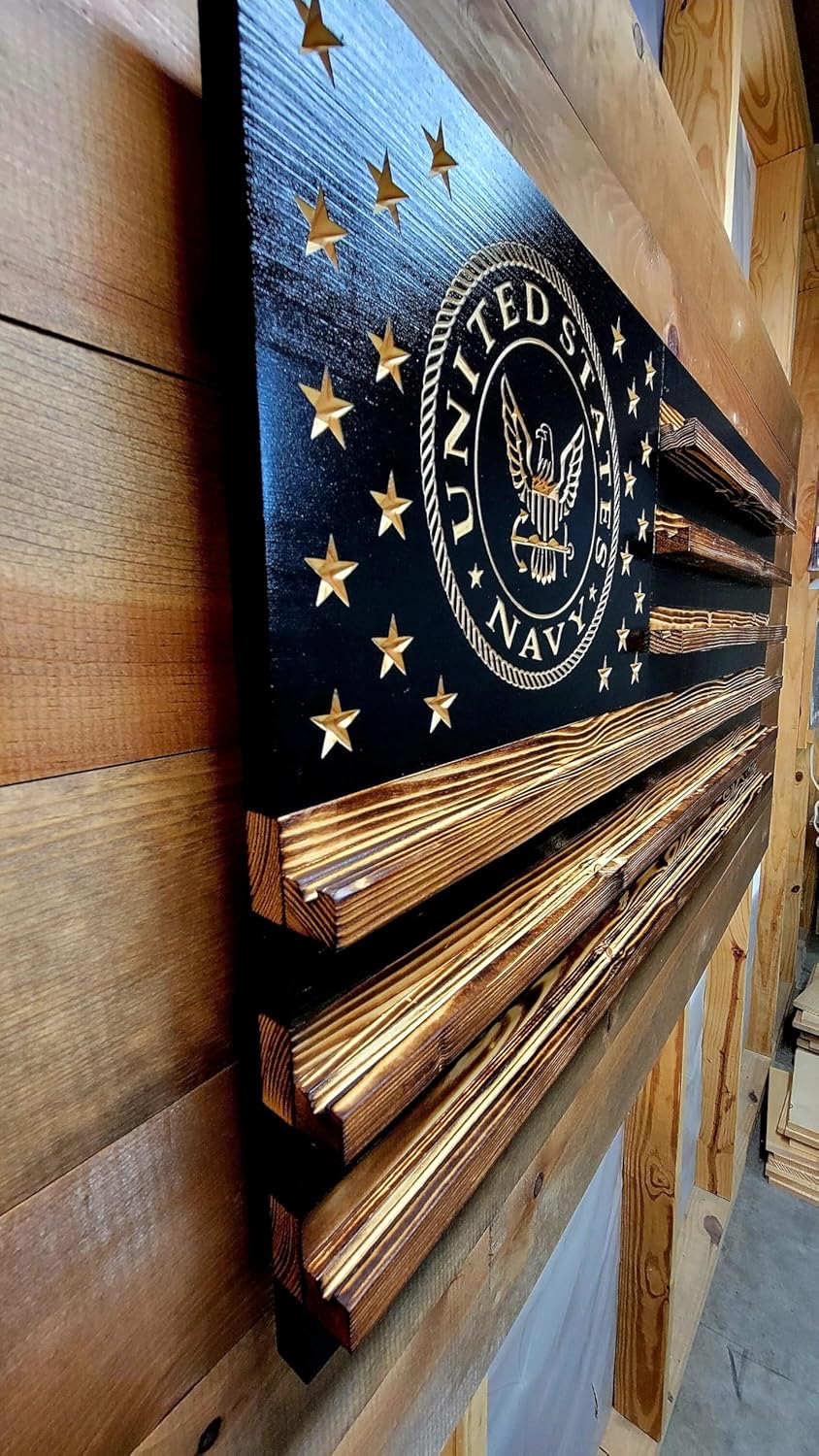 US Navy American Challenge Coin Holder Display, Wooden Shelves hold 90-100 Coins, for Military, Police, Law Enforcement, First Responders, Custom Handmade Quality, Made in Texas
