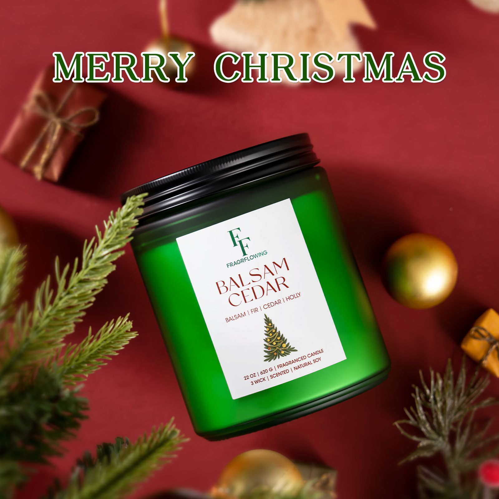 Image of Large Christmas Candle Balsam Cedar Scented, 3-Wick 22oz Long Lasting Scented Candle, Natural Soy Wax Aromatherapy Candle for Home, Holiday Candle Gifts for Women Men