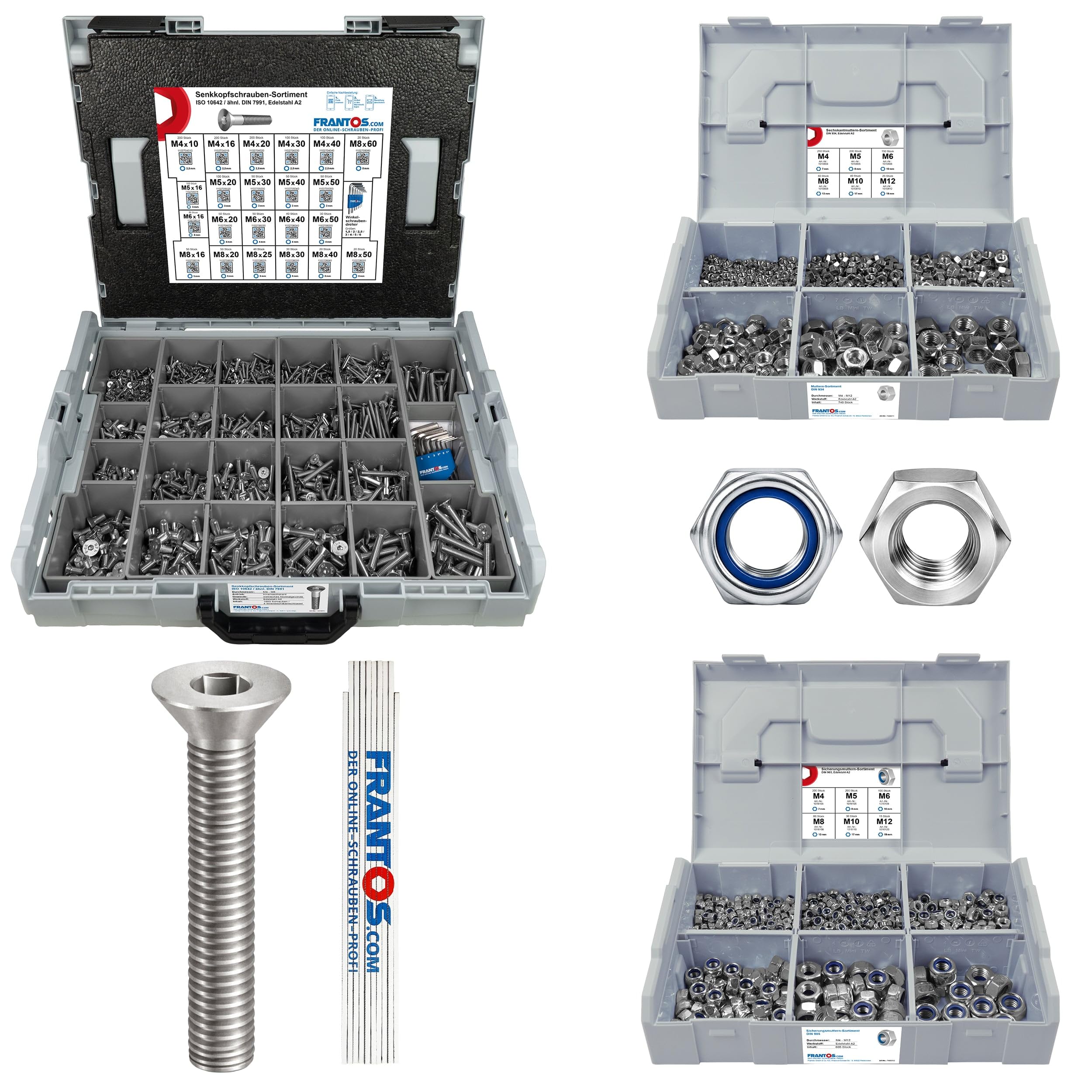 FRANTOS XXL Senkkopfschrauben + Muttern Set 2945-tlg (Edelstahl A2) in L-BOXX & L-BOXX Mini, Senkschrauben ISO 10642 DIN 7991, Sechskantmuttern DIN 934, Sicherungsmuttern DIN 985 INKL. Meterstab