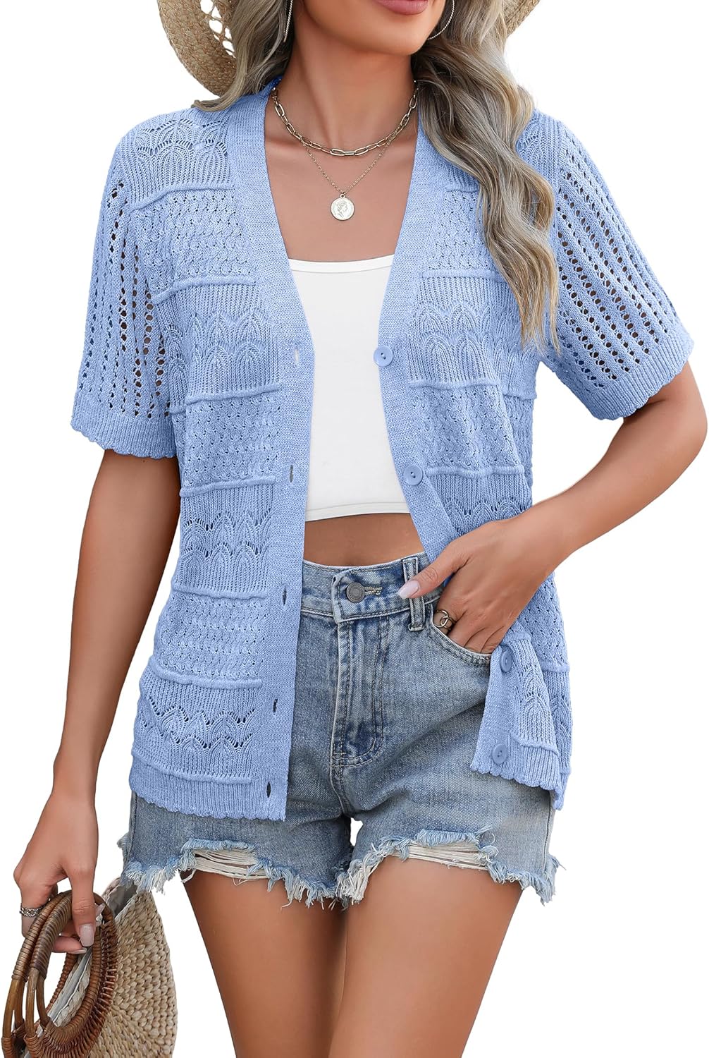 Zeagoo Women's 2026 Summer Short Sleeve Crochet Cardigan V Neck Cropped Lightweight Button up Bolero Shrug Sweater