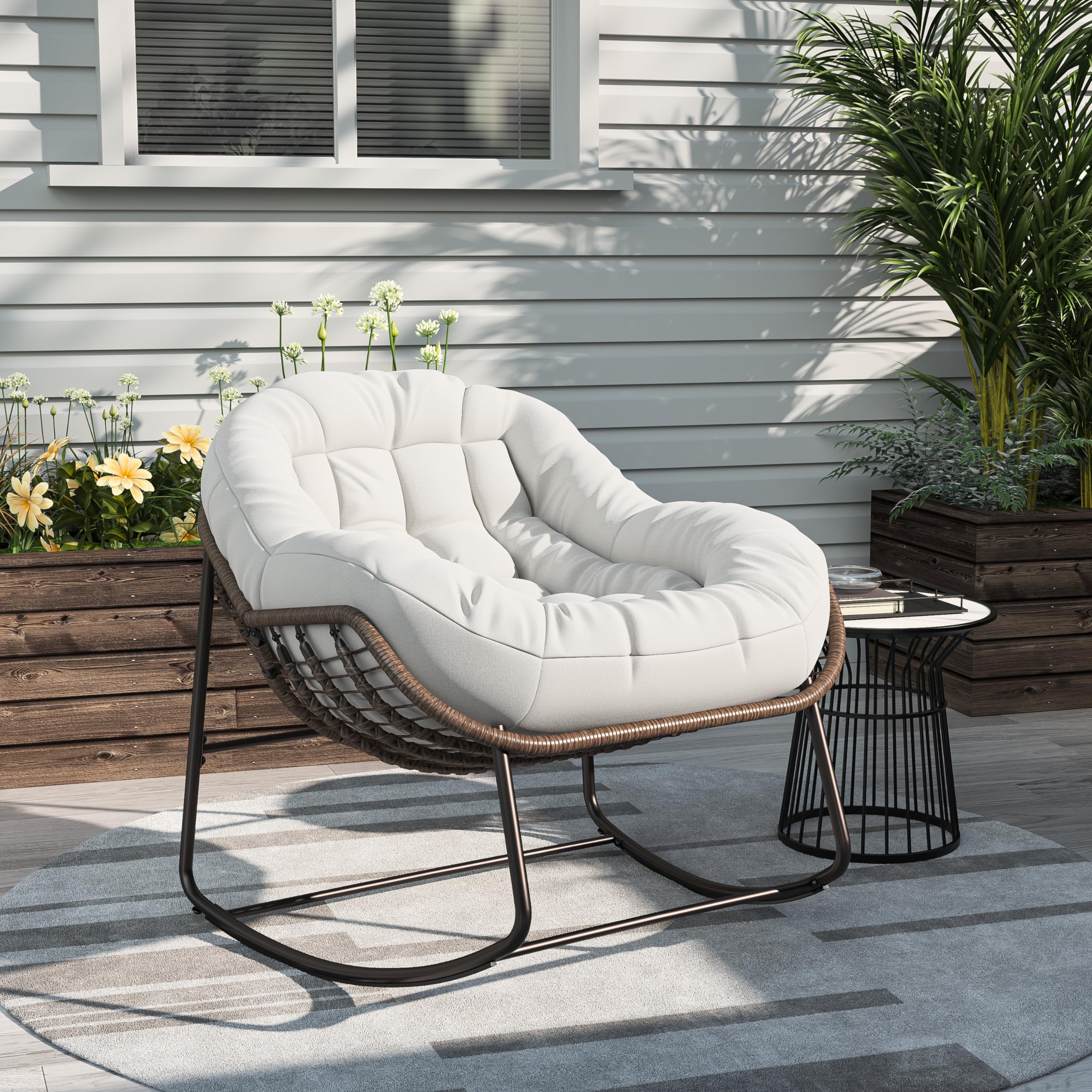 KeepGoon Mecedora de ratán para exteriores con acolchado, estilo escandinavo, silla de lactancia, silla de ocio, silla de ocio, tela impermeable, soporte de acero para salón, dormitorio, patio (beige)