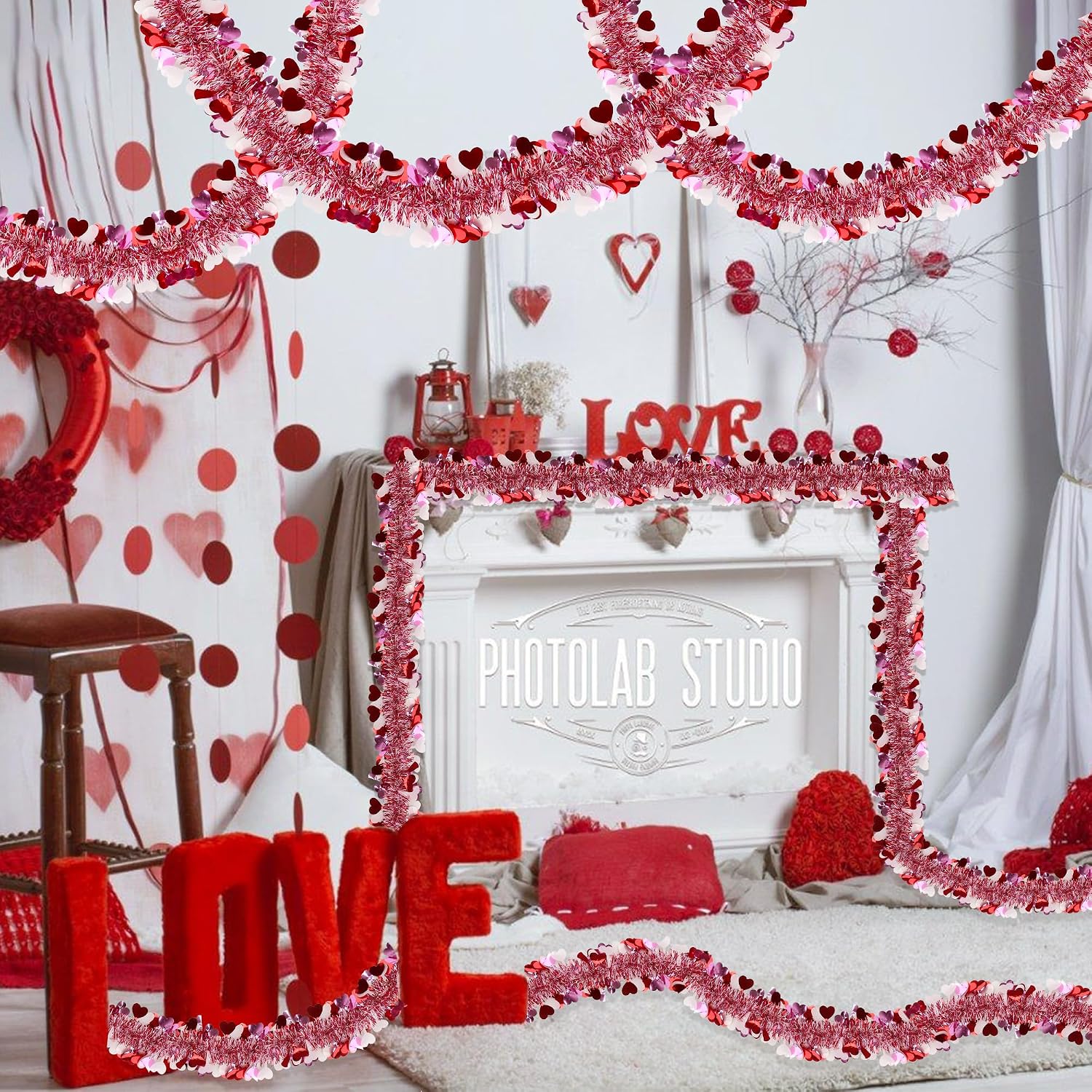 50FT Valentines Day Garland Valentines Day Decor Red Pink White Heart Tinsel Garland Metallic Glitter Hanging Garlands Valentines Decorations for Home Mantel Indoor Wedding Galentines Party Decor