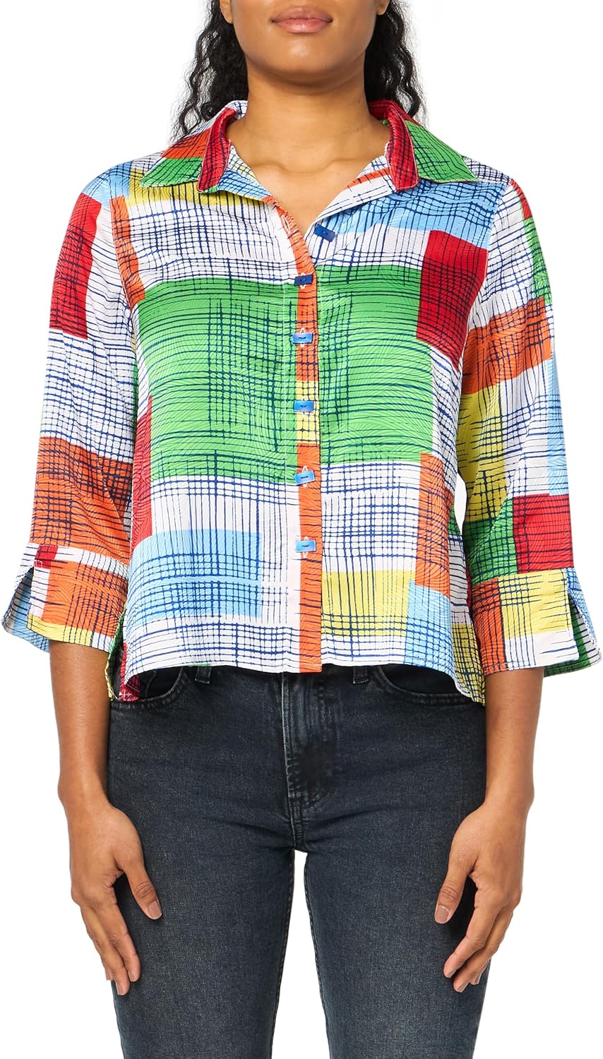 MULTIPLES Womens Turn-up Cuff Three Quarters Sleeve Button Front High-Low Shirt