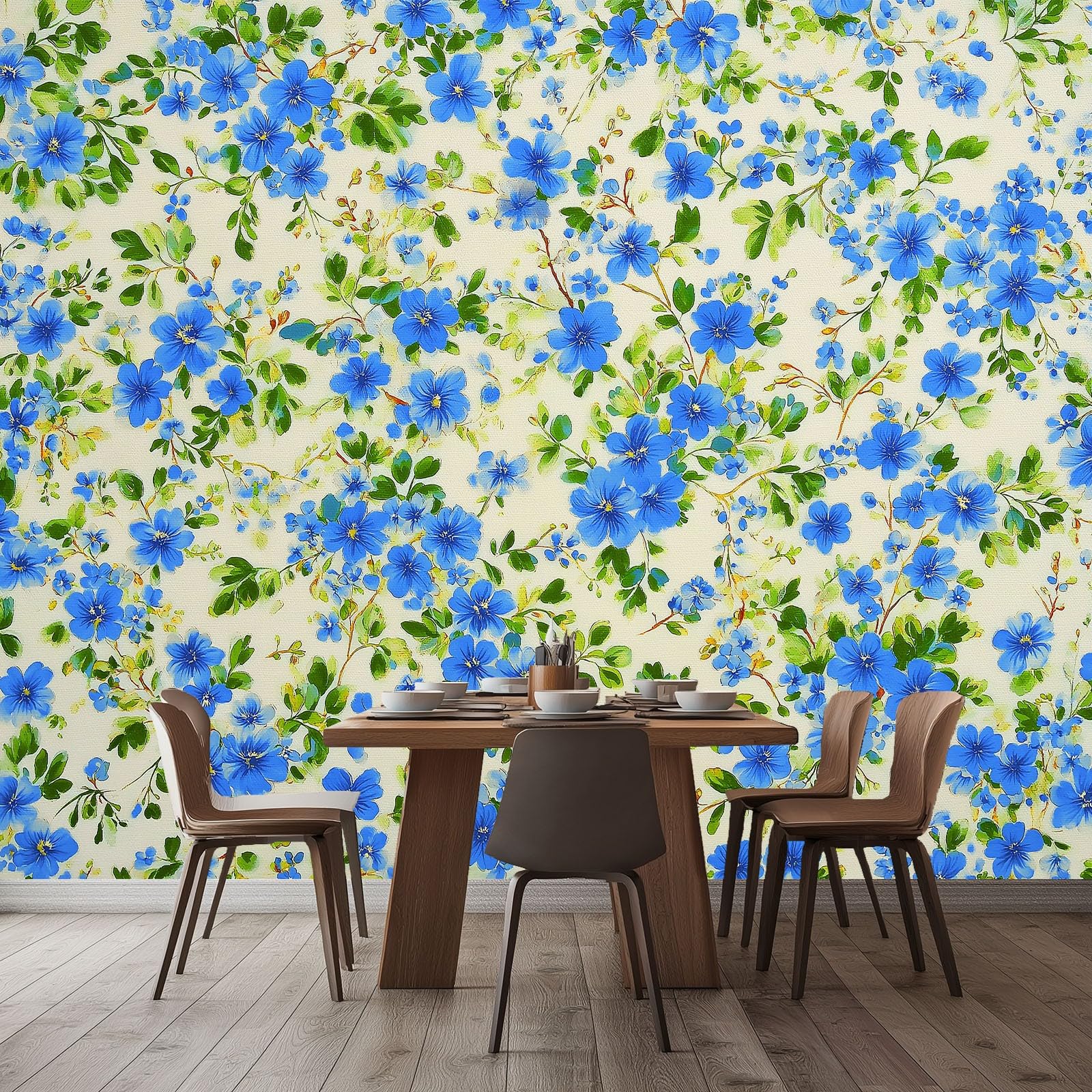 Générique Tapeta z włókniny w stylu vintage kwiatowy nadruk niebieskie liście 250 x 175 cm, panoramiczna zielona tapeta, łatwa do zainstalowania dekoracja ścienna do salonu sypialni kuchni