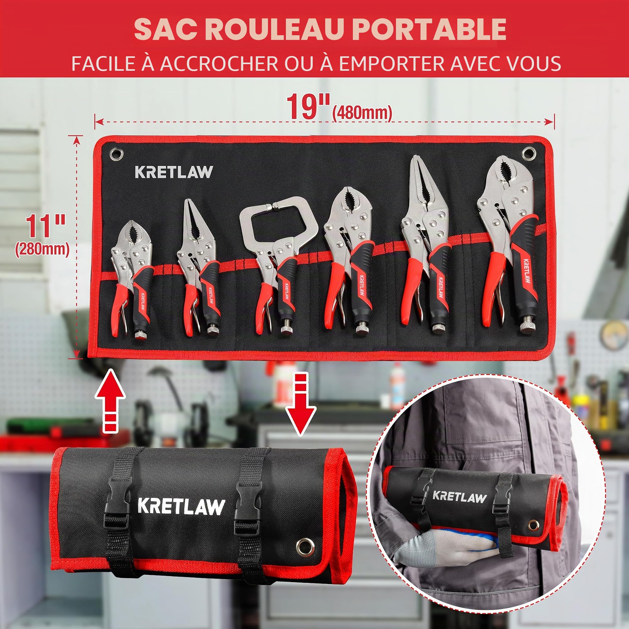KRETLAW Lot de 6 pinces étau autobloquantes - 165/240 mm - Pince étau long beck - 125/175/250 mm - Avec mâchoires incurvées - Pince en C de 150 mm avec poignée TPR - Sac à roulettes avec