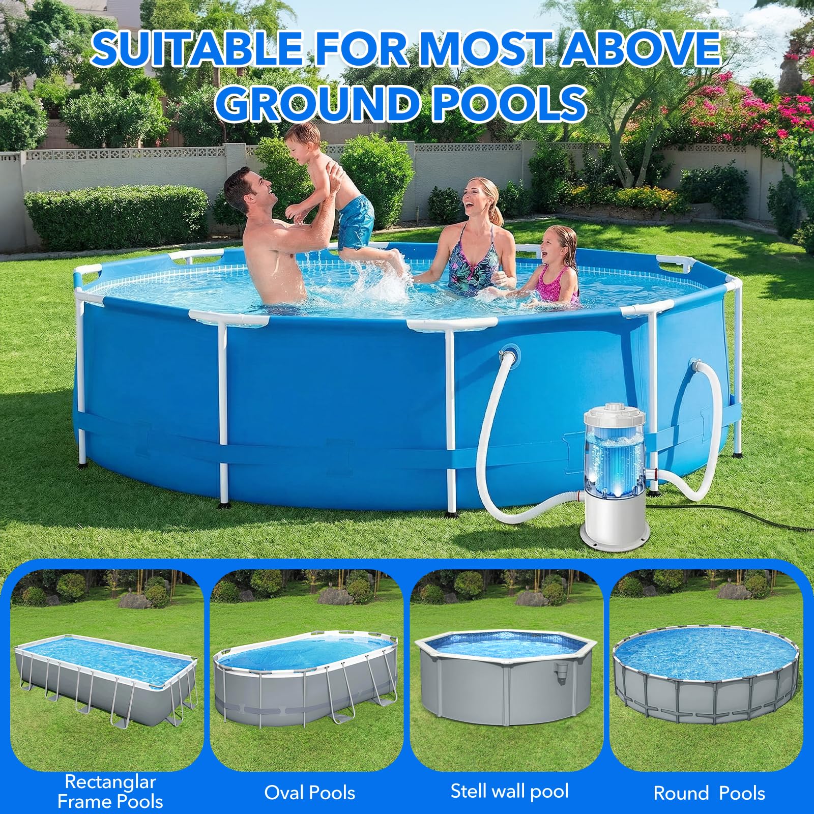 Pompa Filtro Piscina Fuori Terra - Kit Completo Pompa Piscina 90W 3785L/H con Filtro a Cartuccia, Basso Consumo e Facile Installazione per Piscina Piccola