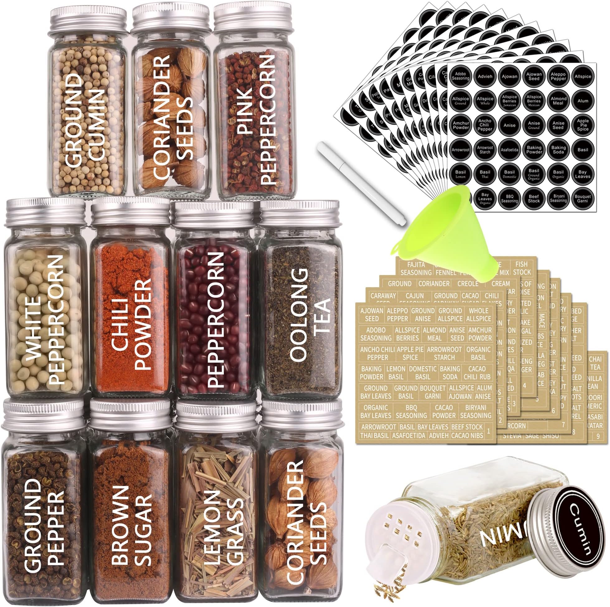36 Glass Spice Jars with 703 Spice Labels, Empty Square Spice Bottles 4 oz with Pour/Sift Shaker Lid, Airtight Cap, Chalk Marker and Funnel Complete Set