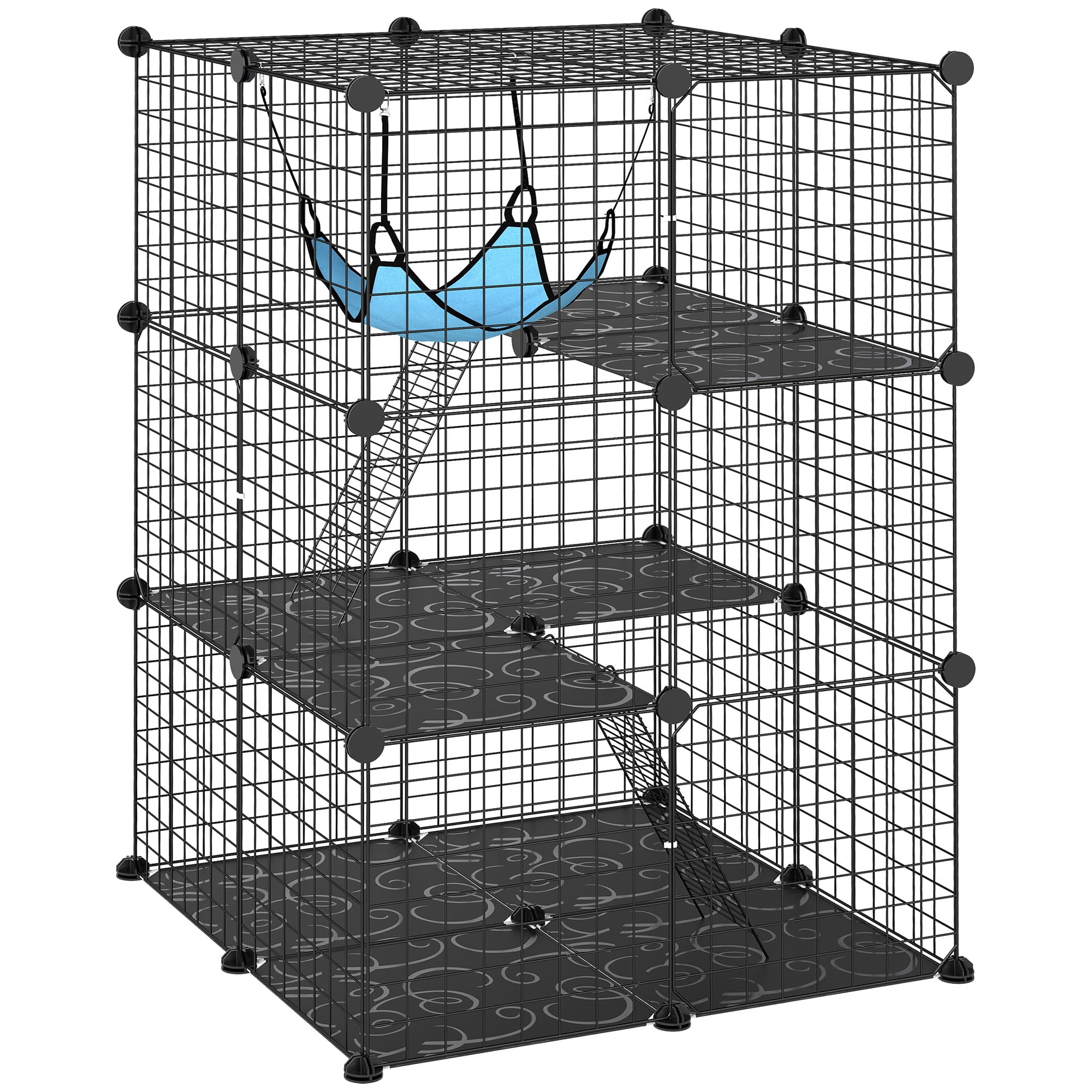 PawHut Jaula para Gatos de 3 Niveles con Hamaca, Plataforma y escaleras, Jaula para Mascotas de Acero y PP, 70 x 70 x 105 cm, Negro y Azul