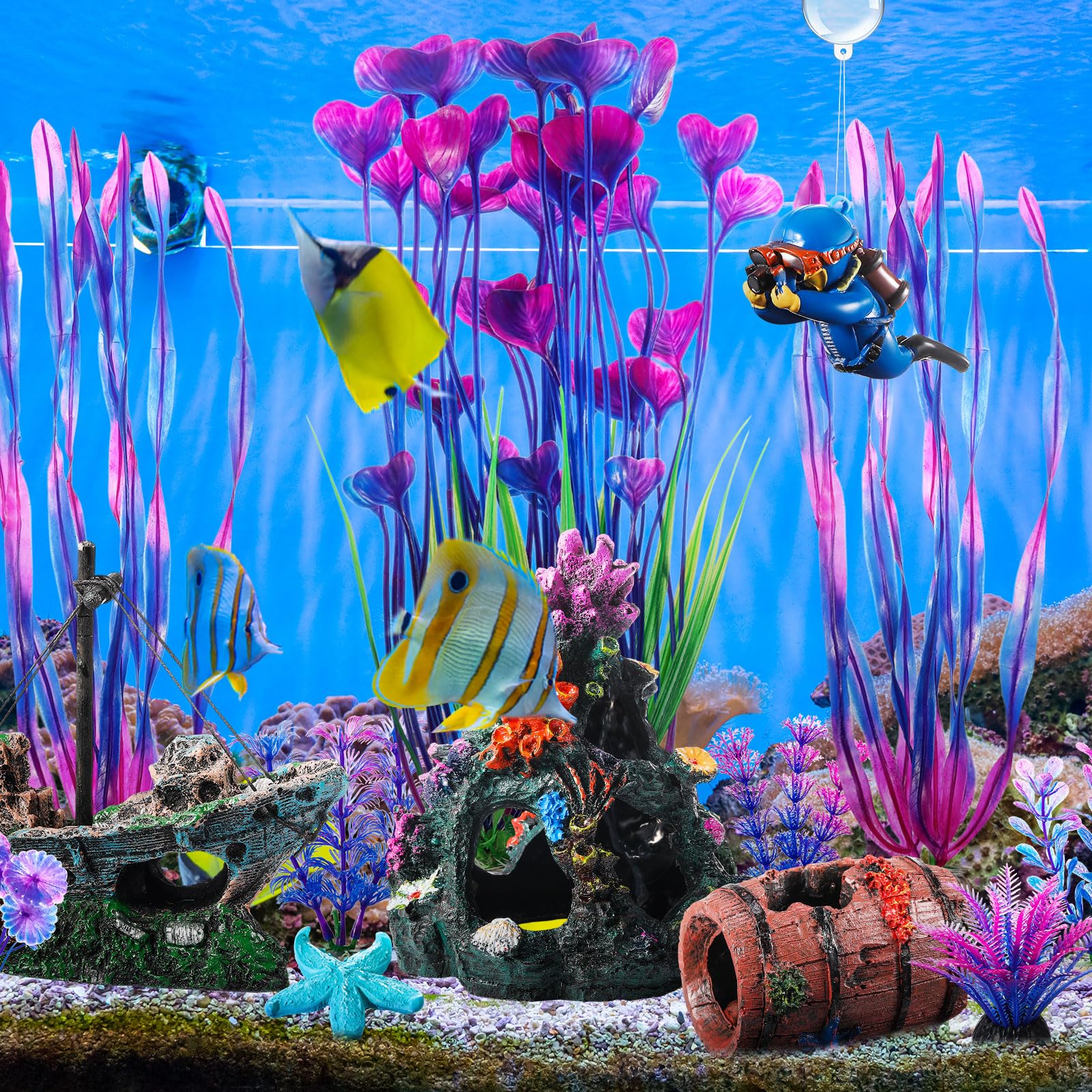 Zeyune Aquarium-Dekoration, Bergdekoration, gebrochenes Fass versunkenes Schiff, künstliche Meeresalgen, Wasserpflanzen, buntes Korallenriff für Fischschale, Dekoration, Aquarium, 15 Stück