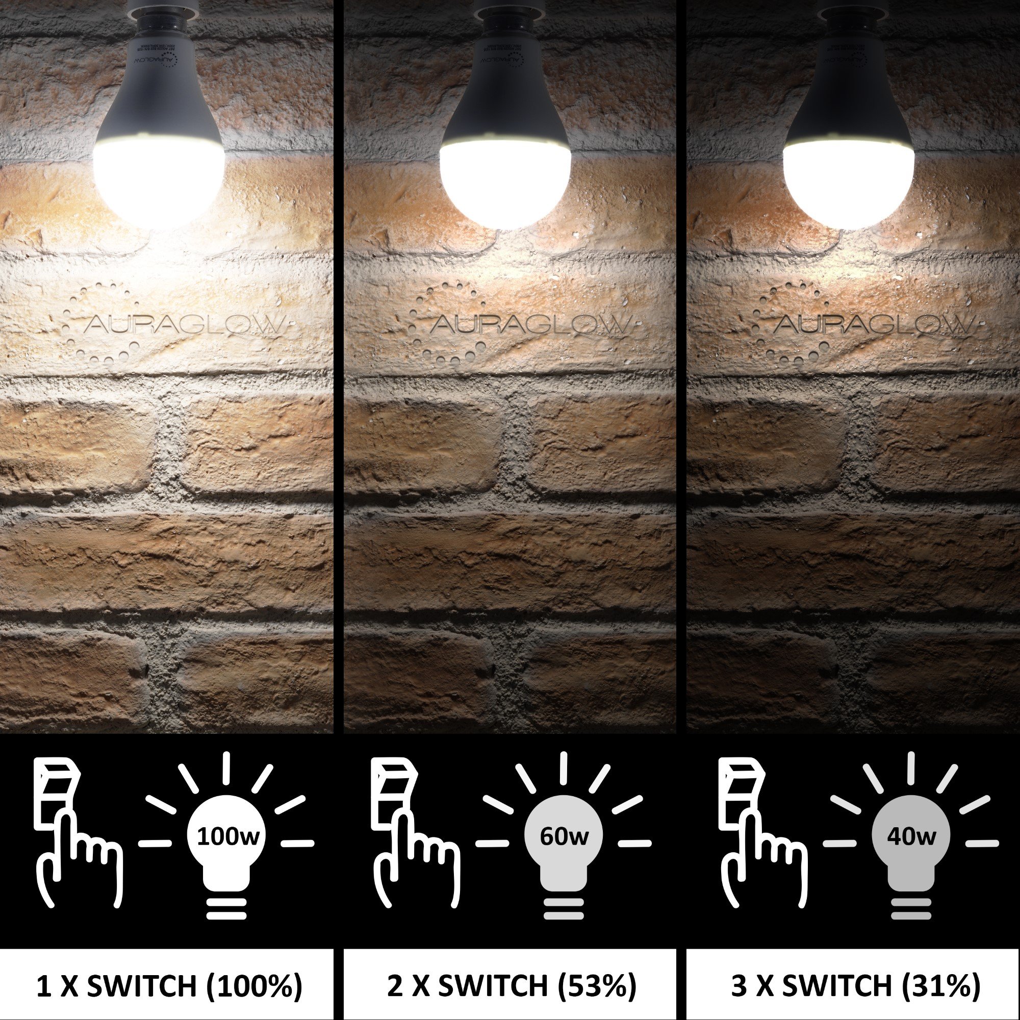 Auraglow Bombilla LED E27 de 3 Intensidades, Blanco Frío, Pack 16 | 14W casquillo Edison, equivale a 100W, tres niveles de brillo con el interruptor, para lámparas de mesita y colgantes, 6000K