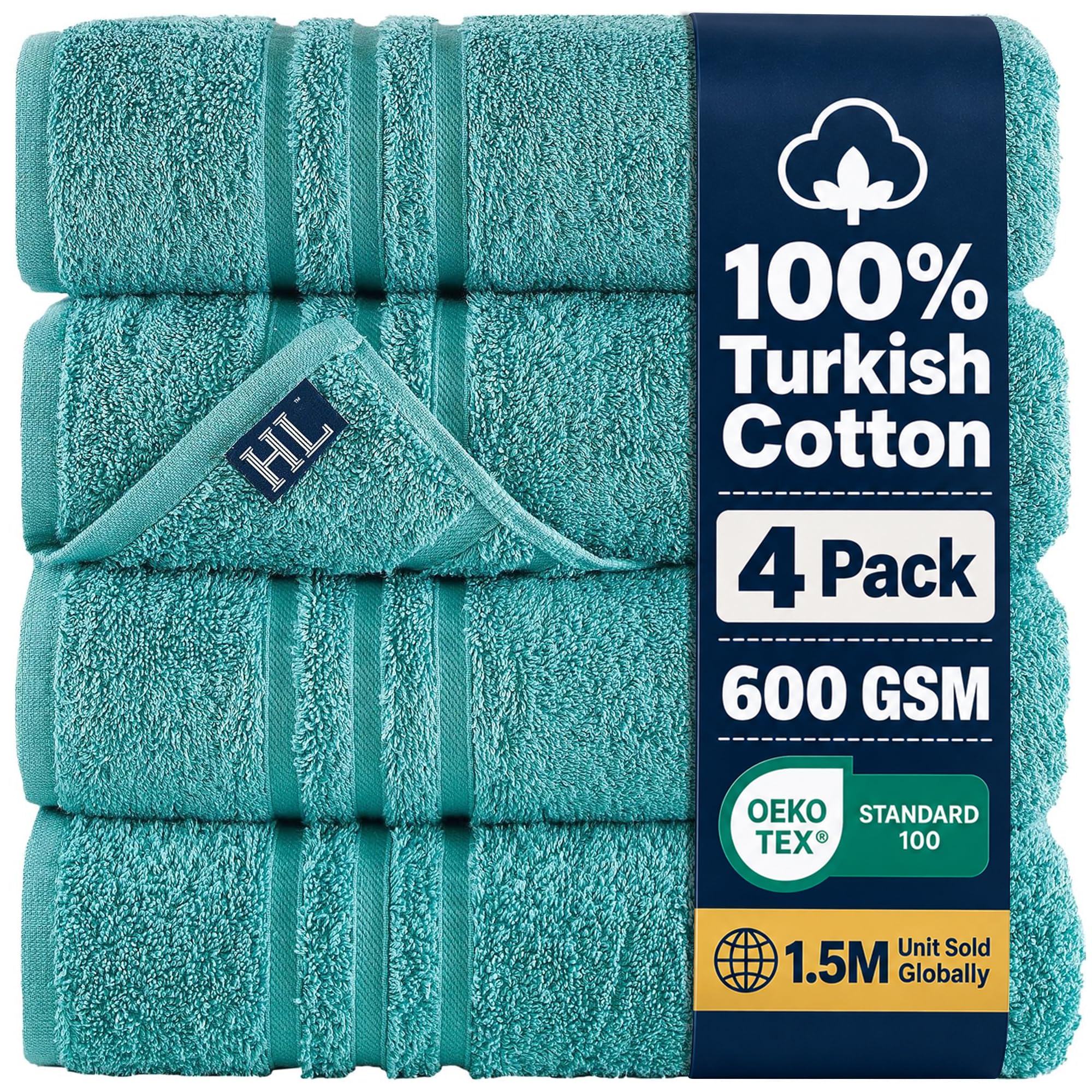 Hawmam Bath Linen Towels Large, Turkish Cotton, 4 Pack, Green Water