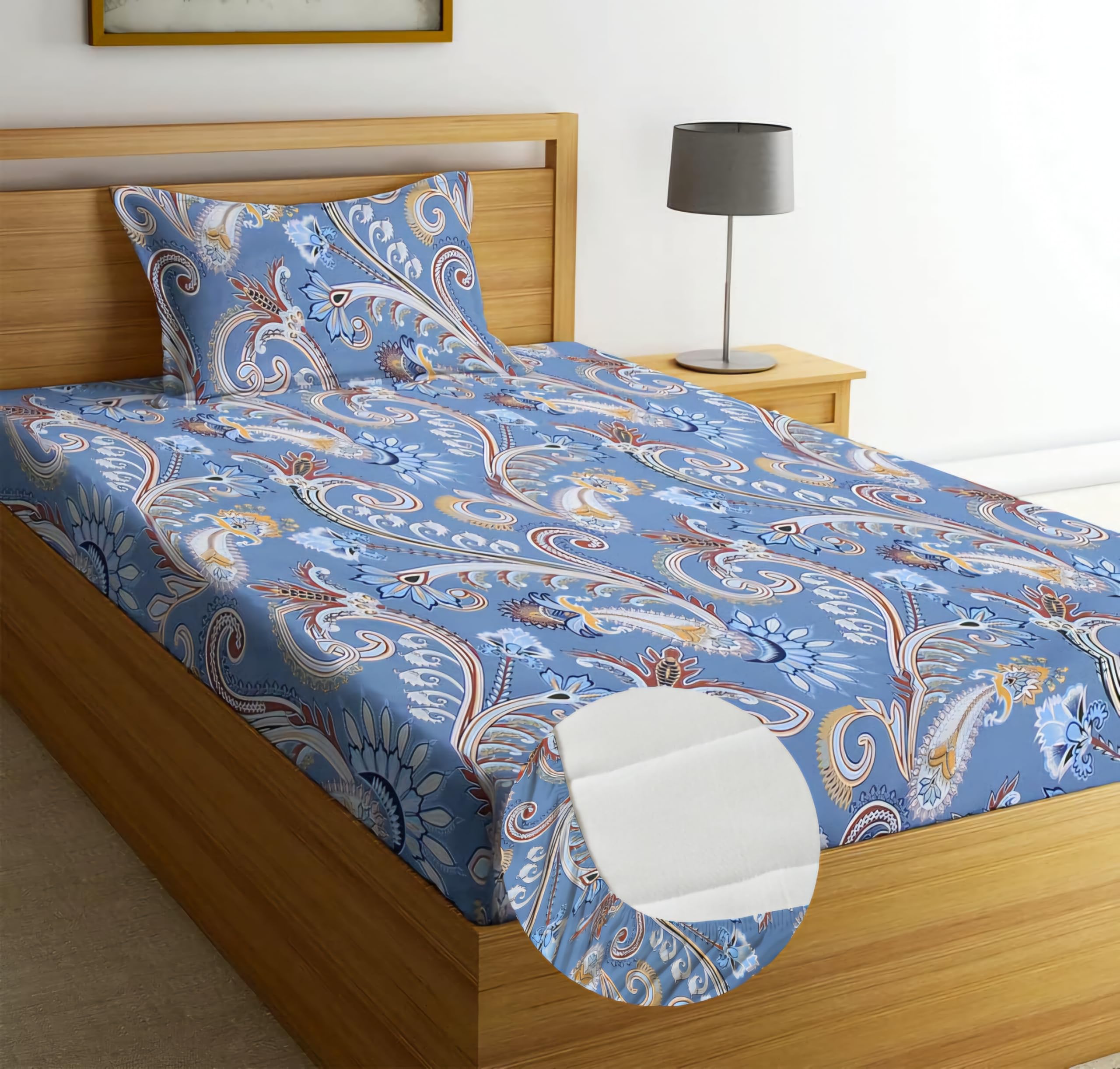Blue Strip Polycotton Fitted Bedsheet, Single 42x75 (Grey Pattern) | 300 TC | All-Round Elastic Grip | Soft, Breathable & Colourfast | Wrinkle Resistant | Machine Washable