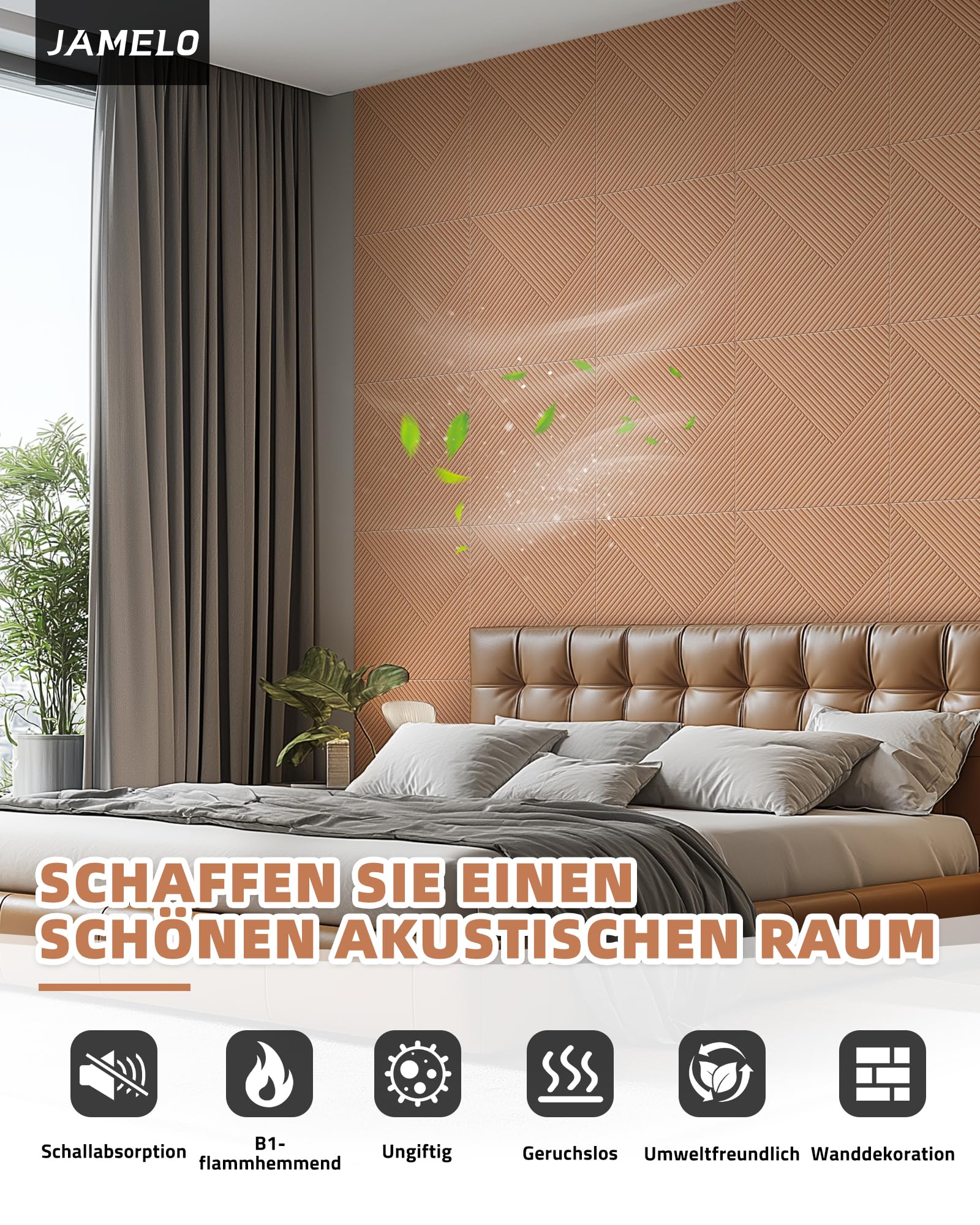 JAMELO Große Akustikpaneele mit Holzmusterdruck - 6 Stk. 60 x 60cm -2.16m² | auf Filz für Studio und Zuhause