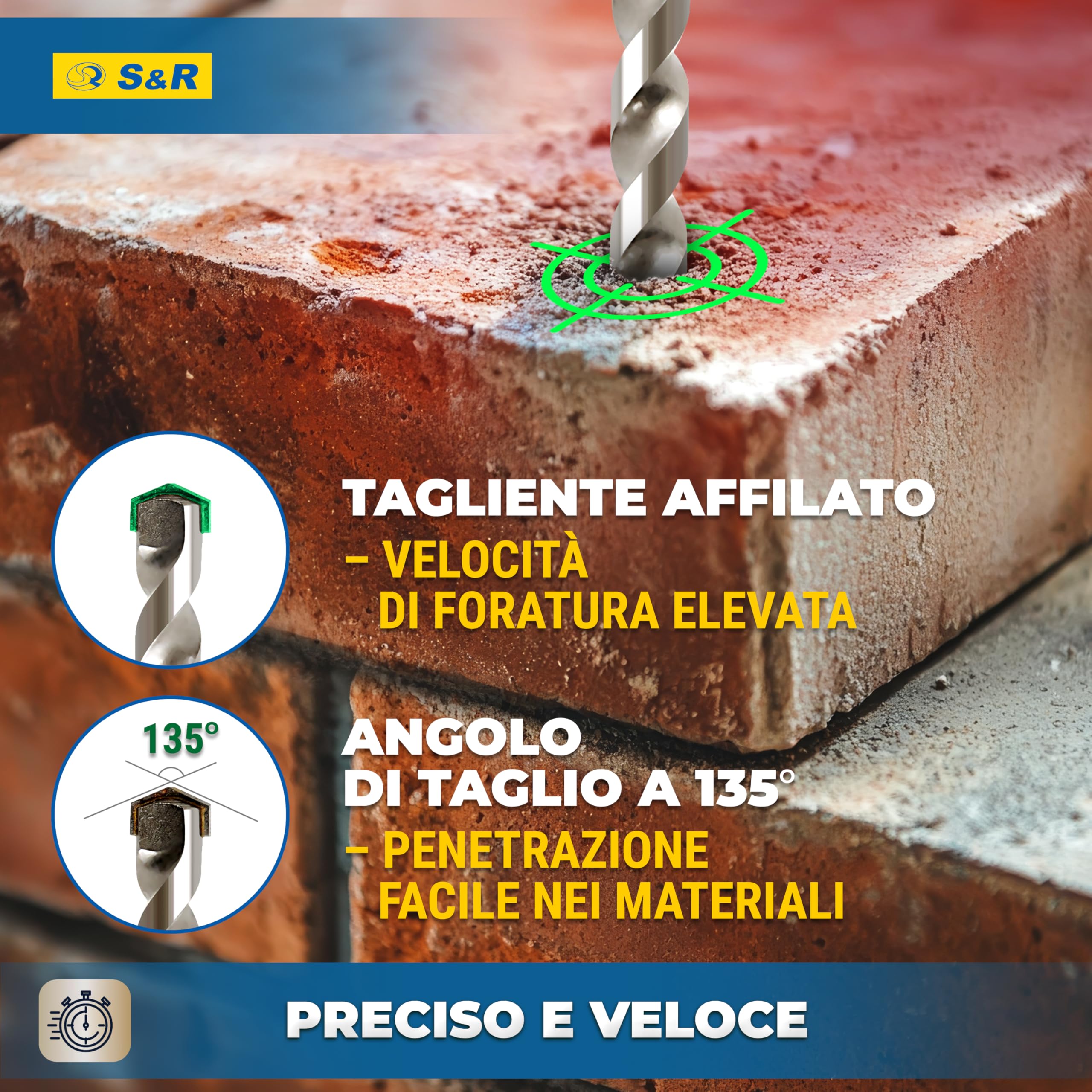 S&R 7 Punte Trapano per Muratura, Muro, Cemento. Set di Punte Miste per Ferro Metallo, Legno, Ceramica. Punte a Percussione con Attacco Rotondo.