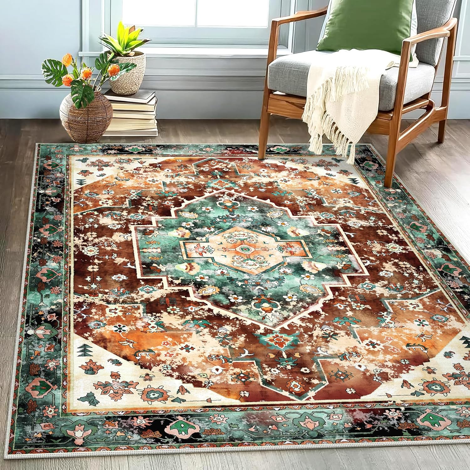 washable 3x5 vintage area rugs for bedroom bohemian low-pile kitchen rugs soft print distressed tribal throw rug carpet for entryway,bedside,college dorm, rust 3' x 5' rust/emerald