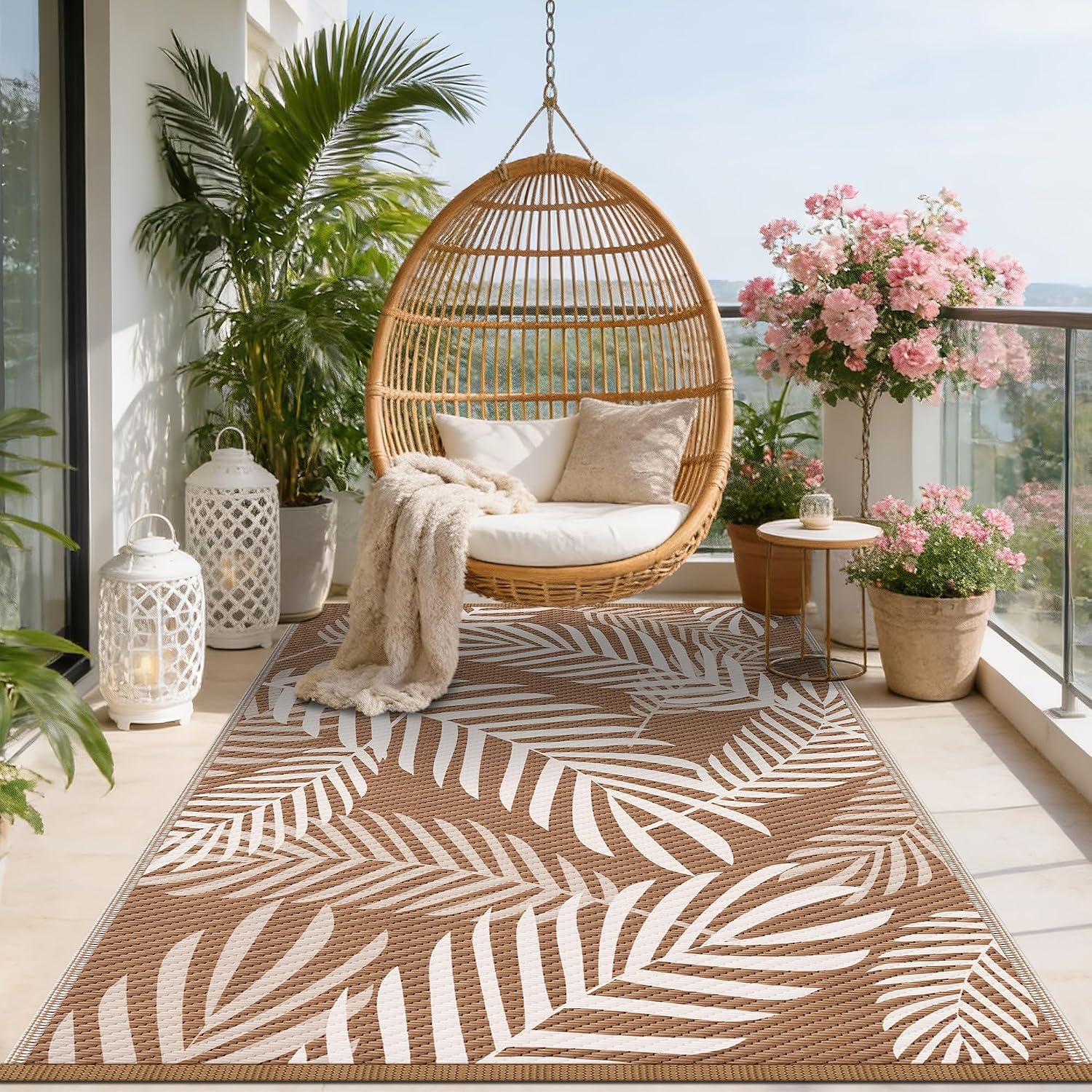 Kohree Outdoor Rug Waterproof 8x10, Reversible Outdoor Plastic Straw Rug with Leaf Pattern, Easy-Cleaning RV Mat Carpet for for Patio, Camping, Balcony, Deck, Backyard, Brown & Beige