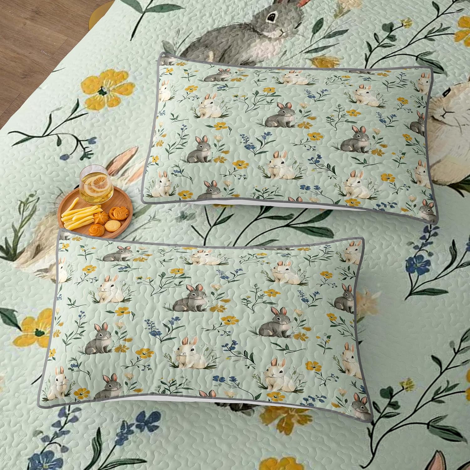 NIDITW 3-Piece Easter Patchwork Quilt Set King Size Rabbit Leaf Green Bedspread with 2 Pillow Shams Soft Lightweight Microfiber Bedding Set Coverlet Bedroom Decor Gift for Boys Girls (Green, King)