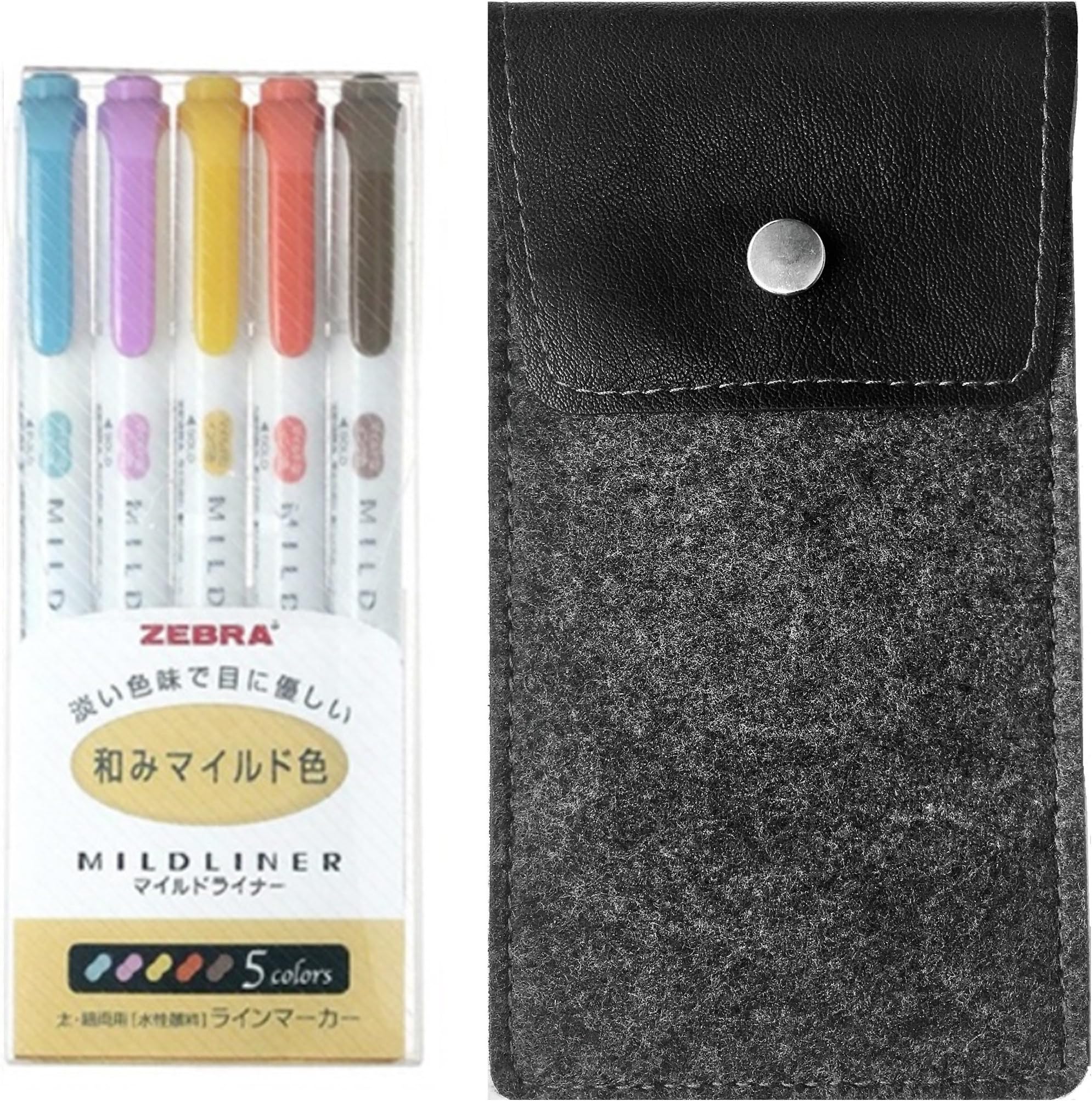 Zebra MILDLINER WKT7-5C-RC Highlighters Fluorescent Marker 5-Colour with Original Felt Pen Case