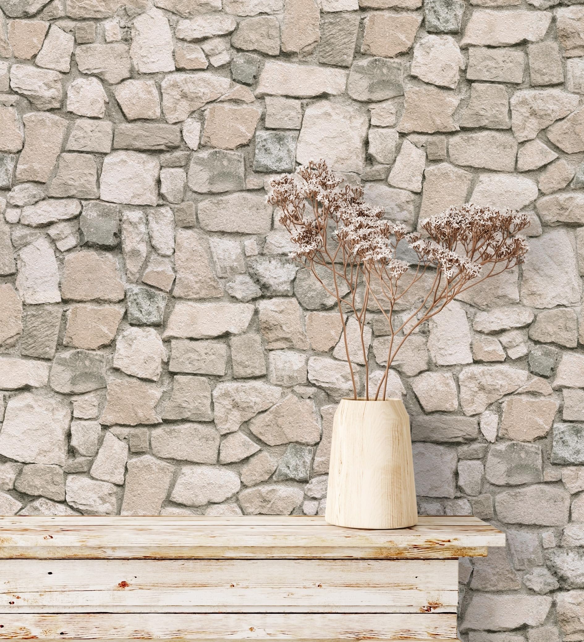 Papel pintado efecto piedra beige GAULAN 453841 para renovar paredes sin obras en el salón