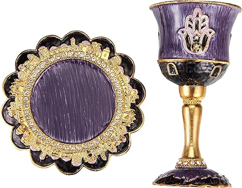 Miniatura 3 de Matashi Juego de tazas de Kidush de 5 pulgadas de esmalte pintado a mano con tallo y bandeja para bodas Hamsa, Shabat, Havdalah, copa de Pascua,