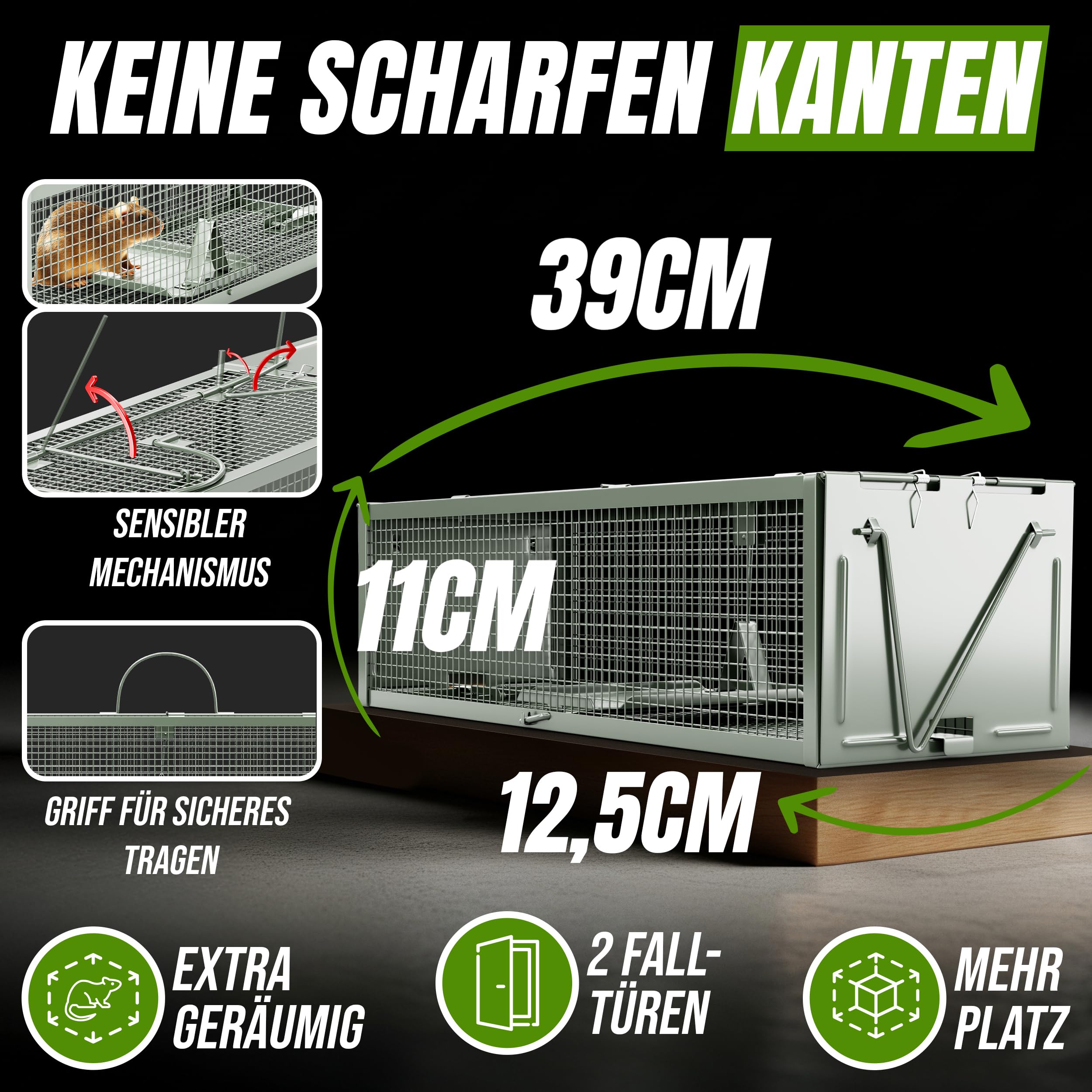 VANWILD® Rattenfalle Lebend 40cm | Tierfreundliche Lebendfalle mit Zwei Eingängen, Sichere & Effektive Mausefalle für jeden Einsatzbereich
