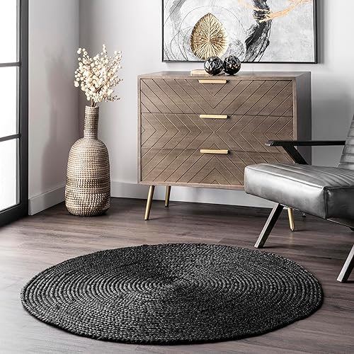 nuLOOM 8 Round Rigo Jute Hand Woven Area Rug, Black, Solid Farmhouse Design, Natural Fiber, For Bedroom, Living Room, Dining Room, Hallway, Office, Kitchen, Entryway