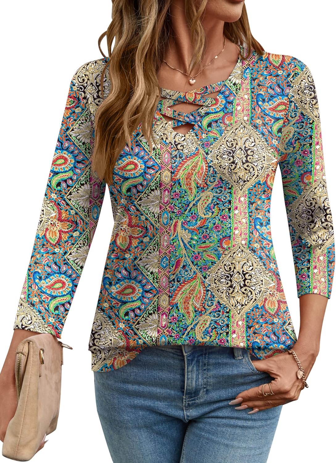 Rapbin Women Blouses Dressy Casual Spring Tops 3/4 Length Sleeve Womens T Shirts V Neck Criss Cross Tees - Image 2