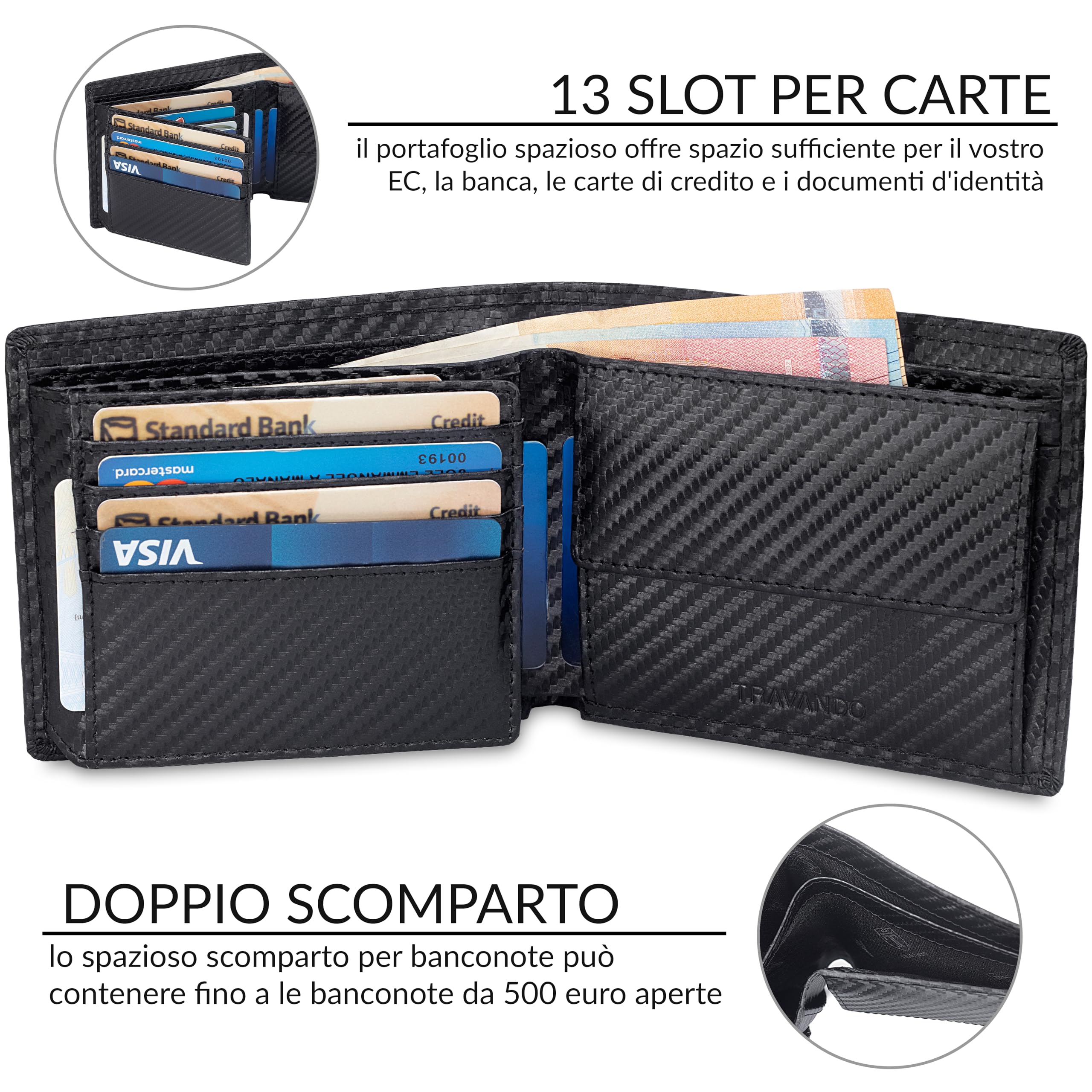 TRAVANDO Portafoglio Uomo, Grande, OSLO, protezione RFID, Porta Carte di Credito nero, con Portamonete, Borsellino formato Verticale, Porta Banconote Wallet monete (Carbon)