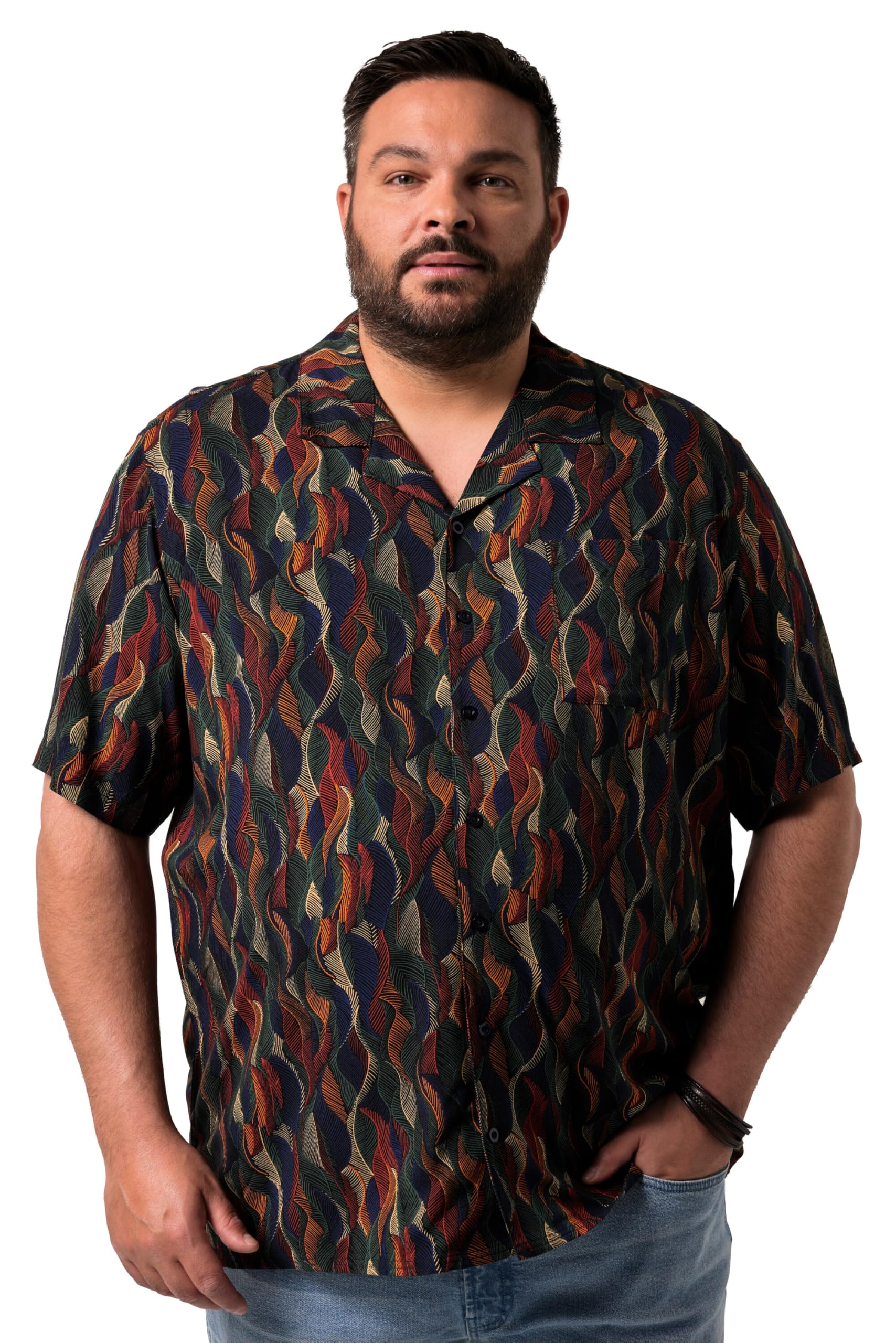 Men Plus Herren große Größen Übergrößen Menswear L-8XL Viskose-Hemd, Halbarm, Alloverprint, Cubakragen, Cuba Fit 840368