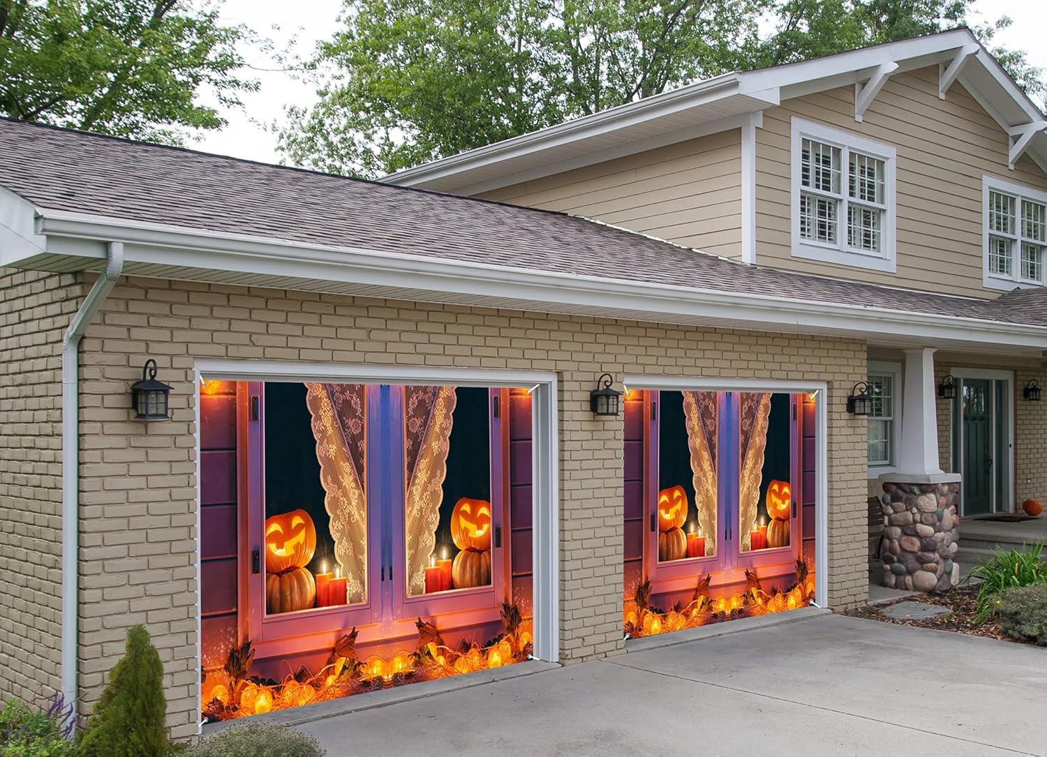 7x8ft Halloween Window Garage Door Decor Jack - o'- Lanterns Candles String Lights Motif Garage Door Cover for Indoor Outdoor Warm Spooky Celebration Festive Background Decor