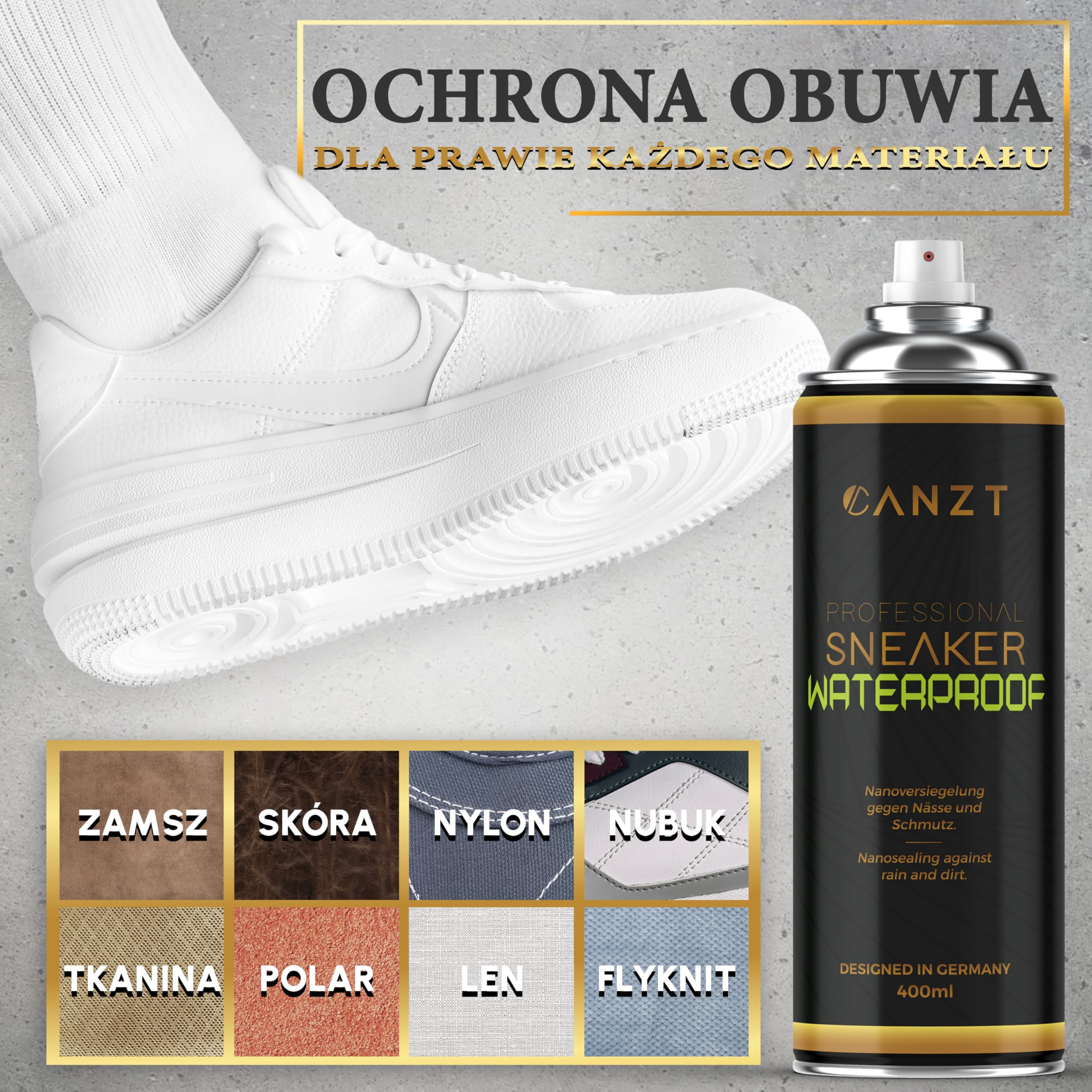 Canzt Impregnat do Butów 400 ml – Spray Ochronny do Skóry, Zamszu, Nubuku i Tkanin – Wodoodporny i Oddychający Preparat do Sneakersów i Obuwia Outdoorowego