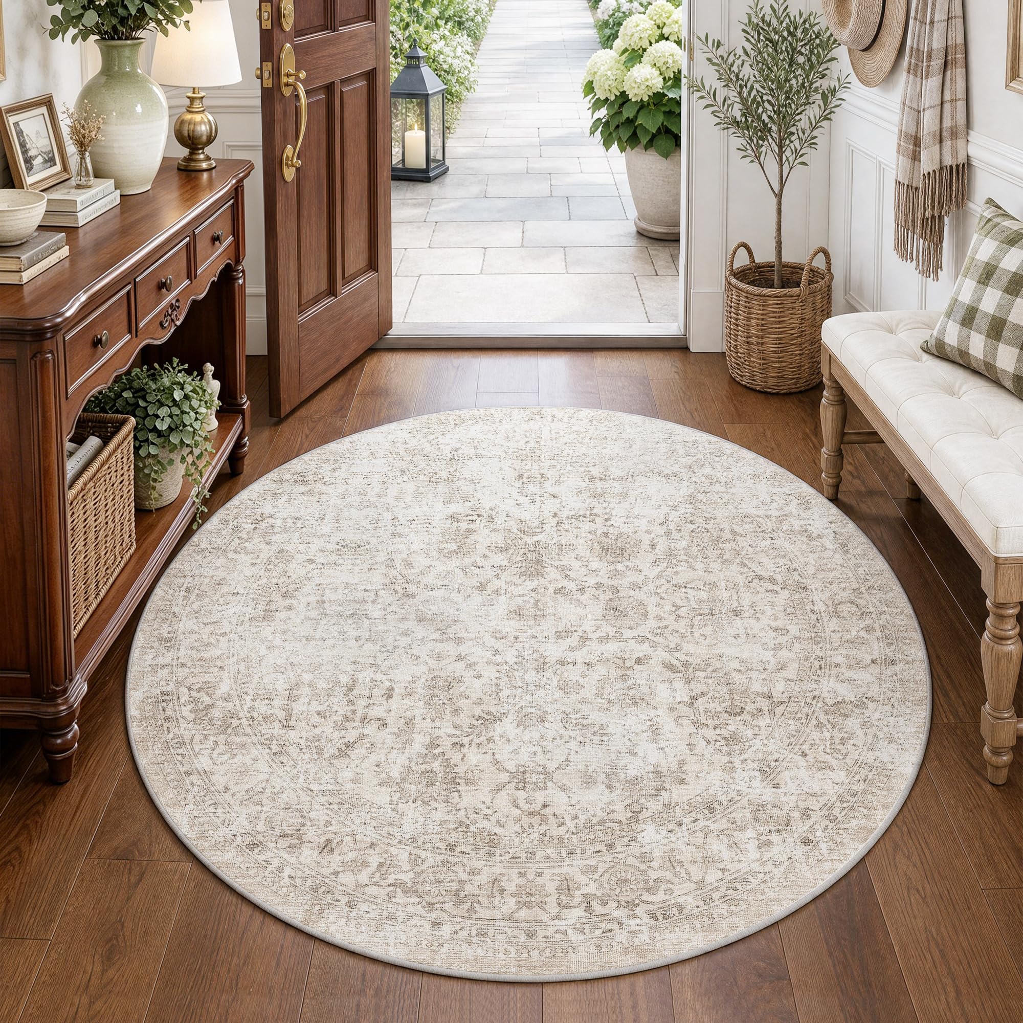 FMFUNCTEX 5ft Round Washable Beige Neutral Vintage Area Rug for Living Room