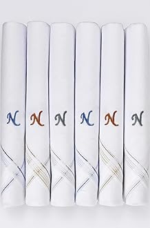 Caruso Italy Men's Initial Monogram (A-Z) Embroidery 100% Pure Cotton Handkerchief White Base With Colored Border - Pack Of 6