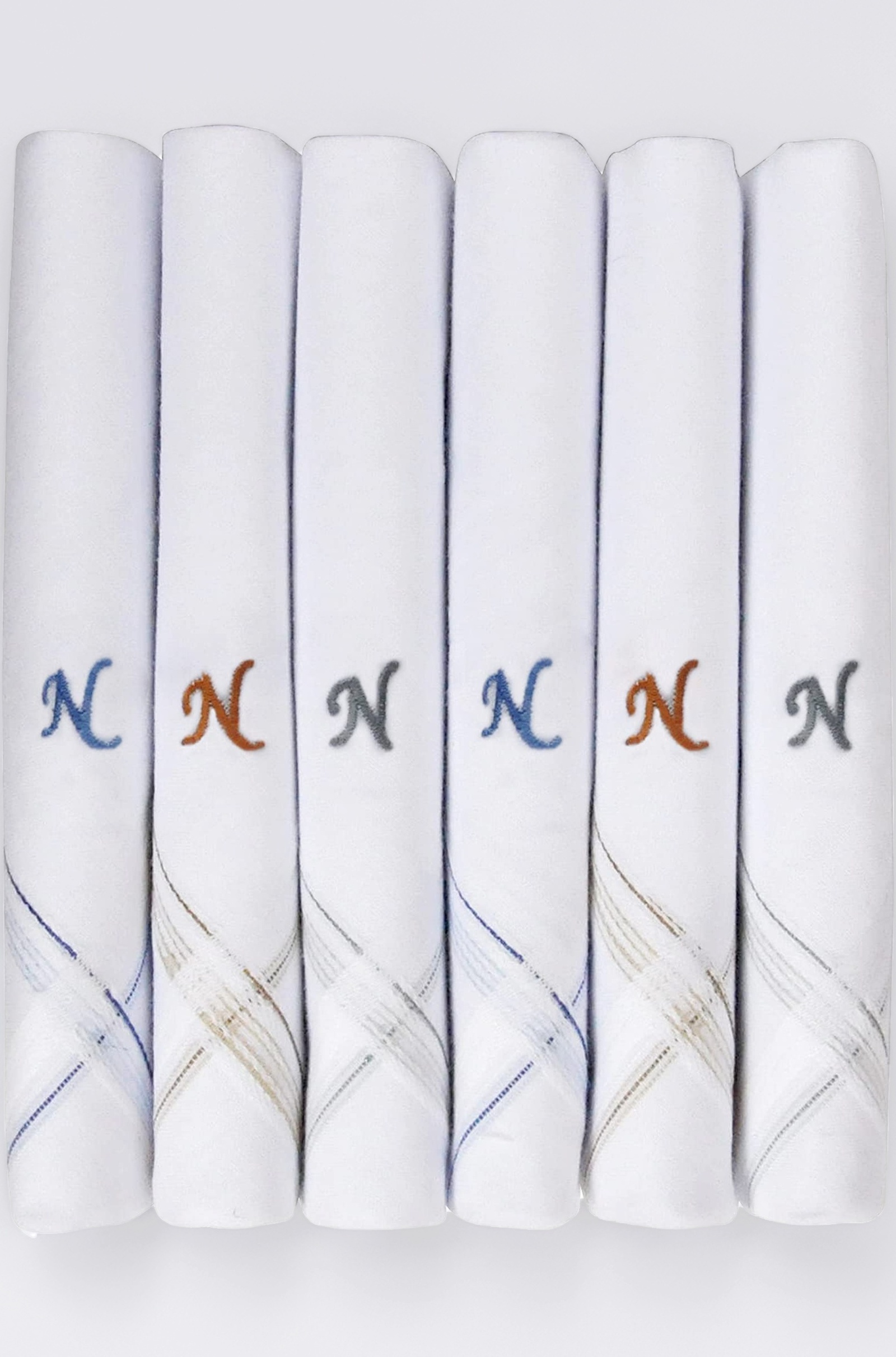 Caruso Italy Men's Initial Monogram (A-Z) Embroidery 100% Pure Cotton Handkerchief White Base With Colored Border - Pack Of 6