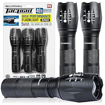 Bell + Howell LED Taclight Tactical Flashlights High Lumens LED Flashlight 3 Pack Pocket Flashlight Zoomable Small Flashlights Waterproof 50,000 Hour LED, 5 Modes, Waterproof Durable Aluminum, 3 Pack