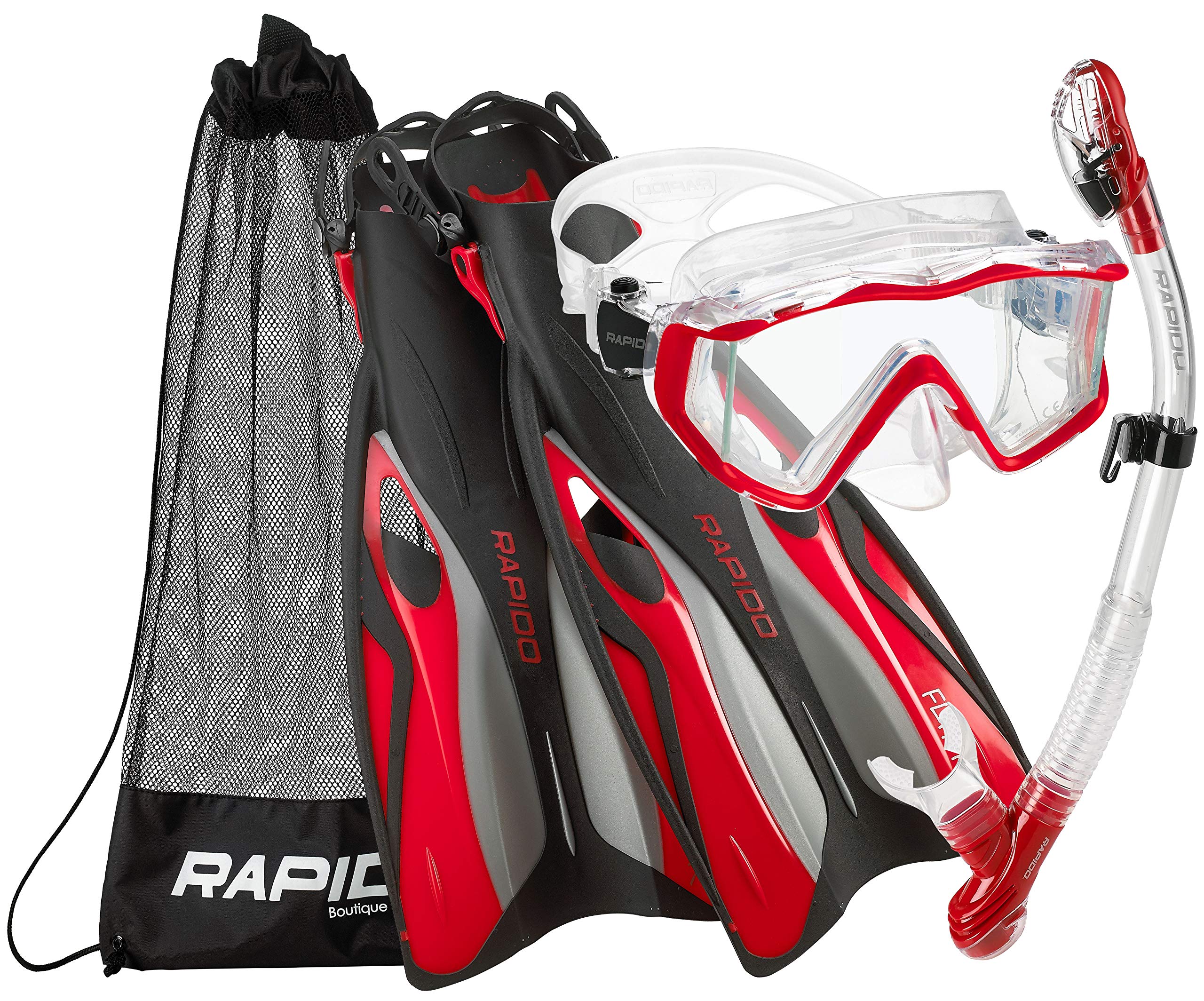 phantom aquatics rapido boutique collection clareza three window tempered glass lens mask fin snorkel set with snorkeling gear carry bag, rd-sm, red, s/m, us: 6-9 / eu: 38-42 (rpdcmfs-rd-sm_1)