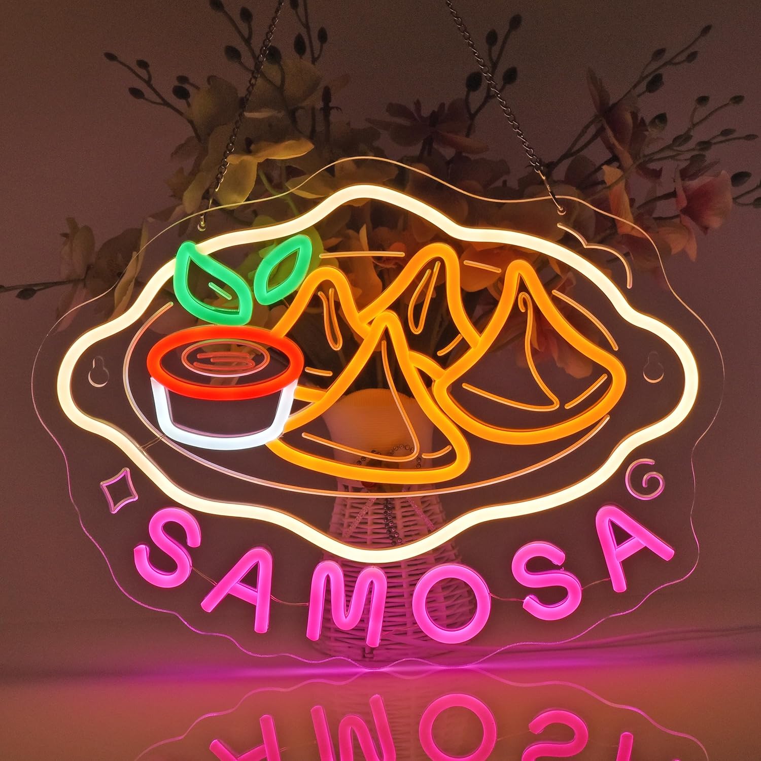 Samosa Neon Sign, Neon Lights Hanging Wall Art Decoration for Indian Restaurant Cuisine Spice Market Eatery Kitchen Home Decor,USB Powered,Ultra Bright & Dimmable,16.14×12.2Inches