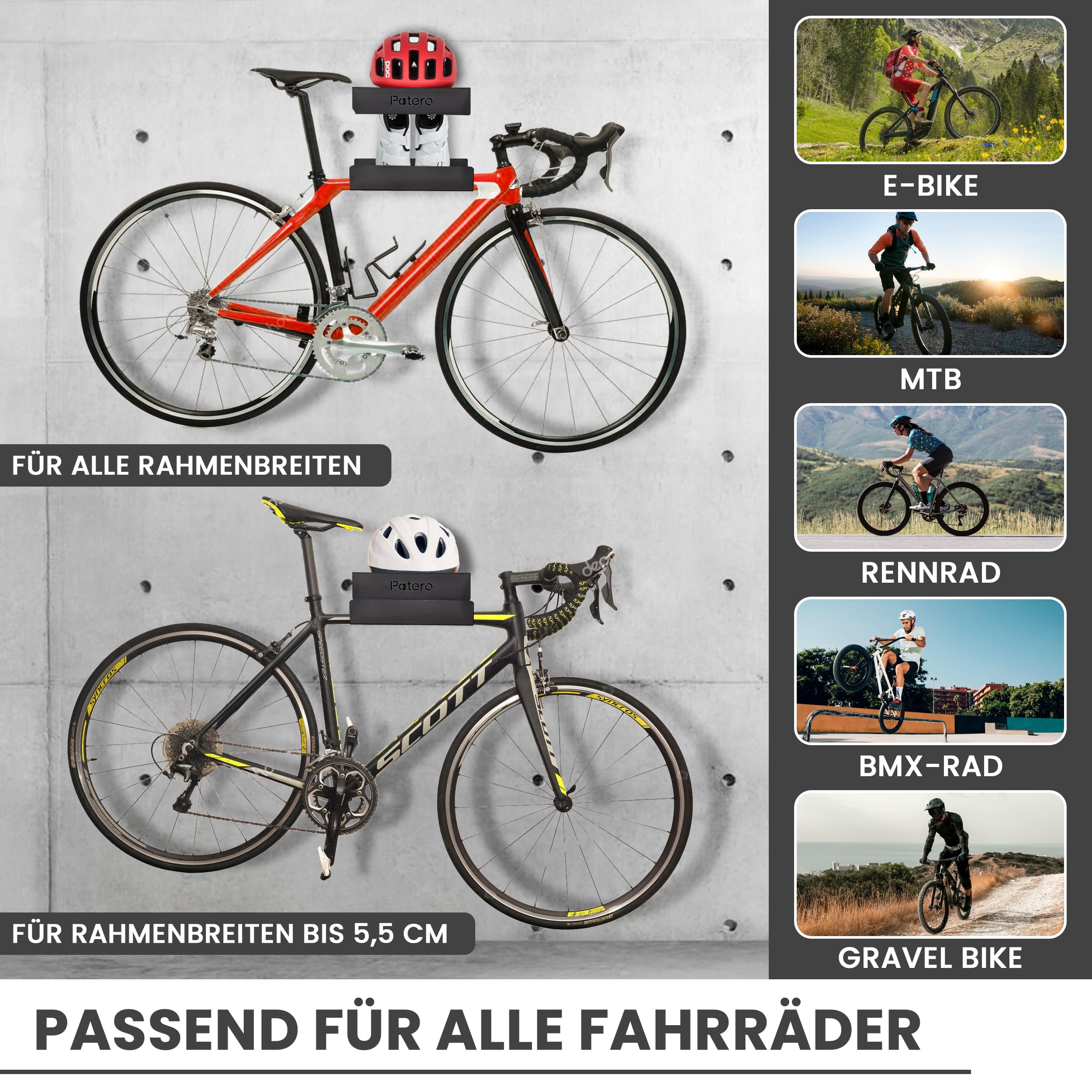 Patero Fahrrad Wandhalterung aus Metall – Wandhalterung Fahrrad Aufhängung mit 30 kg Traglast – Fahrradhalter Wand Fahrradhalterung Wand Rennrad Wandhalterung – Mit Montageanleitung, Schrauben & Dübel