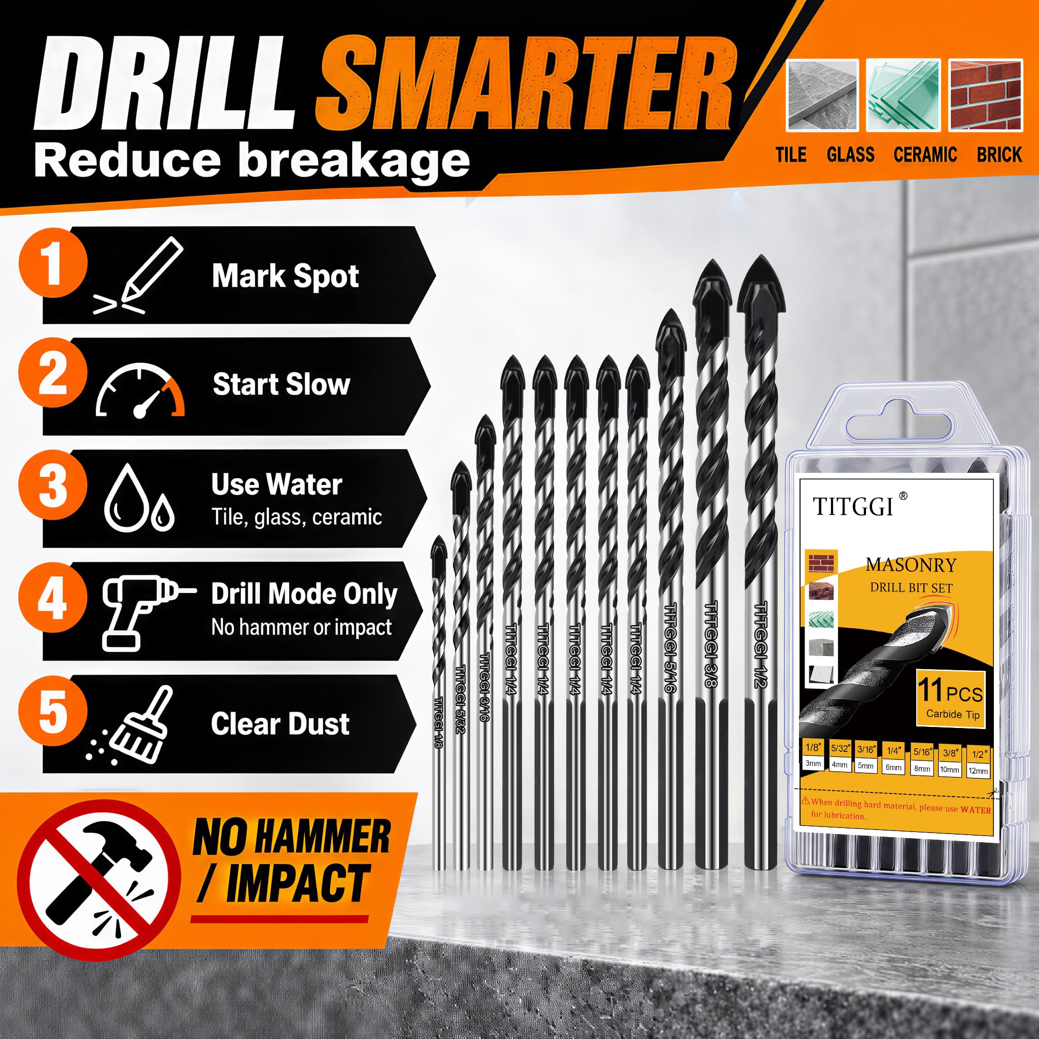 TITGGI 11-Piece Masonry Drill Bit Set - Concrete & Stone -8 TITGGI 11-Piece Masonry Drill Bit Set - Concrete & Stone -8