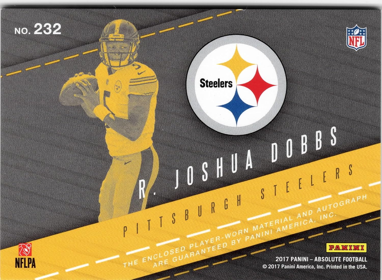Joshua Dobbs Rookie Premiere Autographed Triple Memorbilia Patch & Serial Numbered # 205/399 Collectible Football Card - 2017 Absolute Rookie Football Card #232 (Steelers)