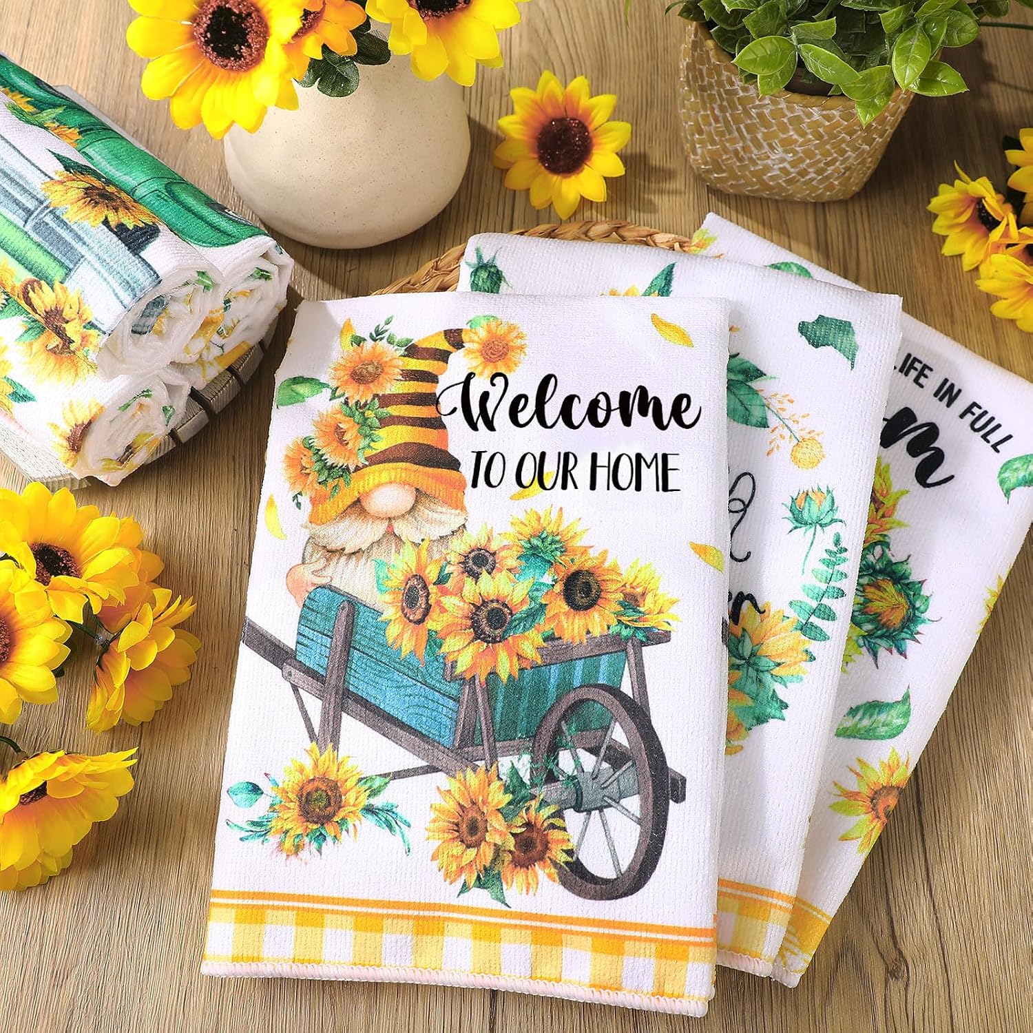 Tudomro 6 Pcs Sunflower Kitchen Towels Gnome Dish Sunshine Hand Tea Towel image 2