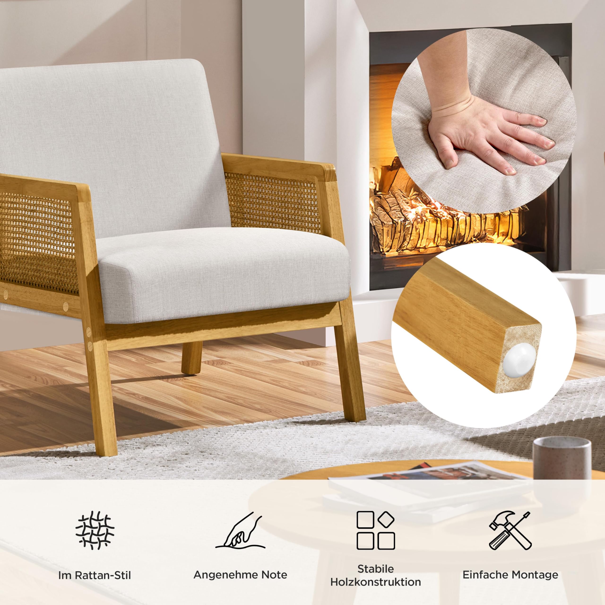 Yaheetech Armlehnensessel Loungesessel mit Polsterung bequemer Polstersessel mit Armlehnen aus Rattan Einzelsofa für Wohnzimmer/Empfangsraum/Leseecke