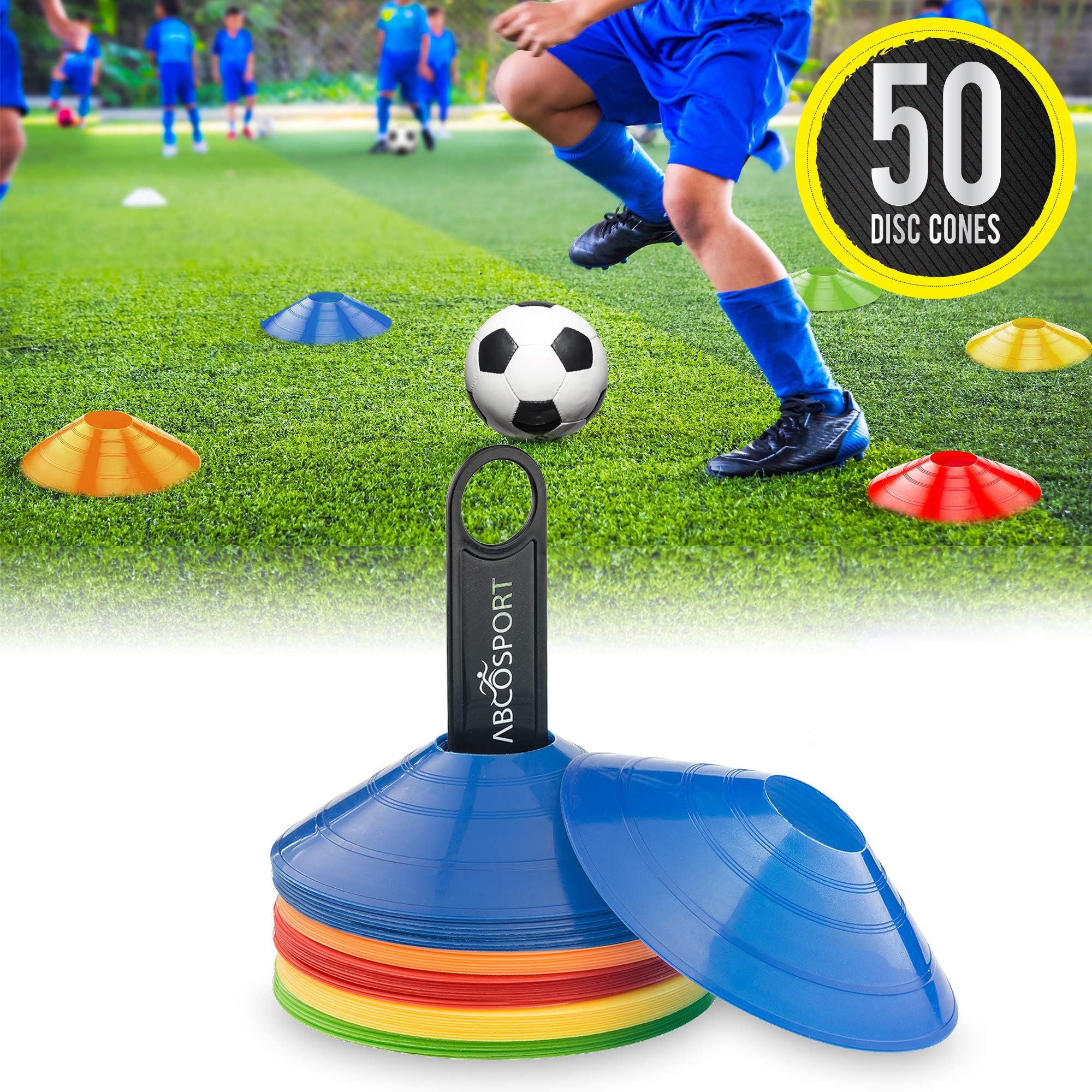 Abco Tech Soccer Cones (Set of 50) – Flexible Multi Color Disc Cones, Field Markers with Net Carry Bag– Perfect for Training, Football, Drills, Agility Practice, Kids and More Sports