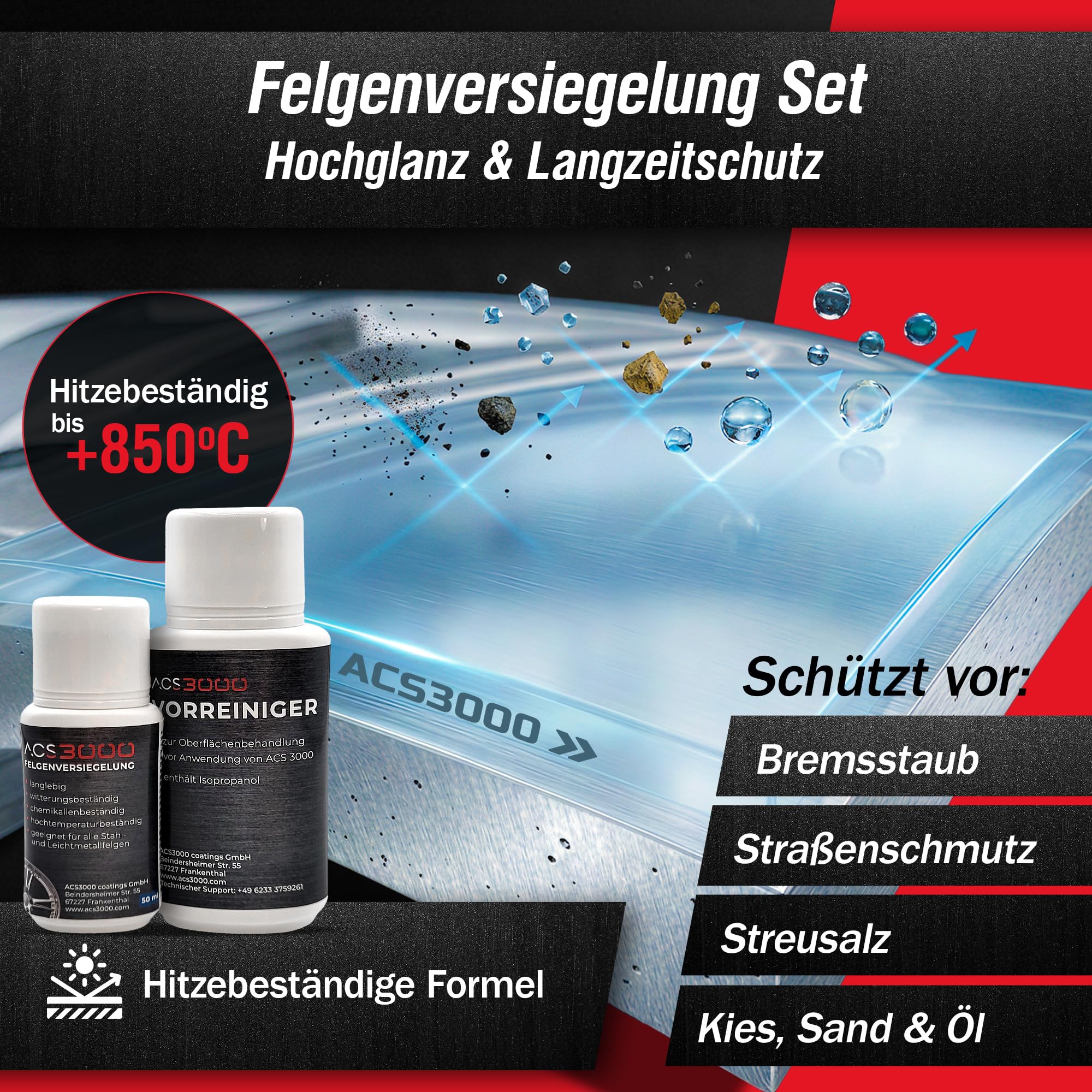 ACS3000 Felgenversiegelung Set. 5 Jahre Hochglanz und Schutz vor Salz, Bremsstaub und Verschmutzung bis +850°C bei einmaliger Anwendung. Set mit Vorreiniger, Handschuhen, Tüchern und Felgenversiegelung (50 ml)