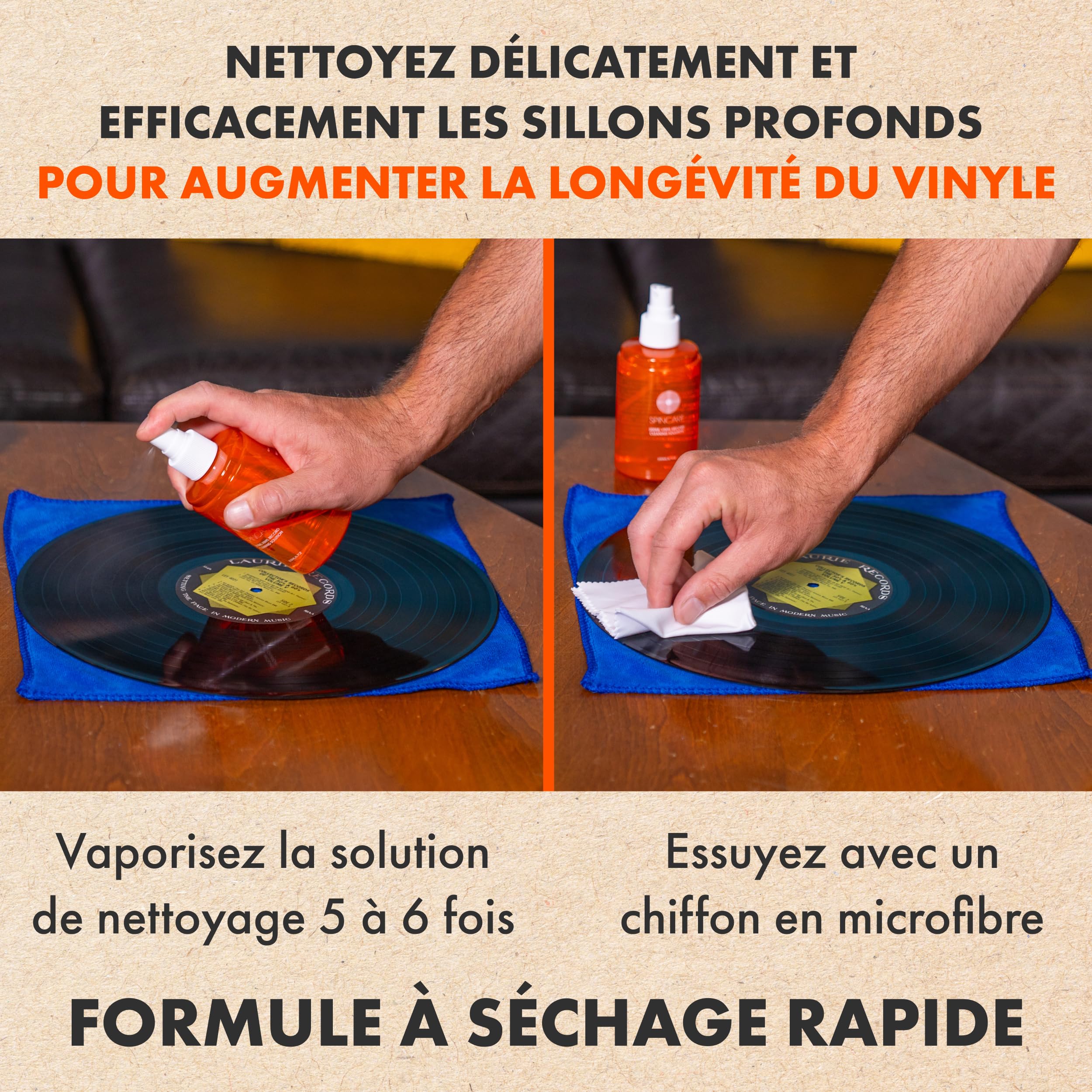 Kit Nettoyage Vinyle par SPINCARE | 5-en-1 Nettoyante pour LP Disques Vinyle, Antistatique Tampon Nettoyant en Velours, Support De Séchage/Présentoir Et Brosse pour Pointe De Lecture
