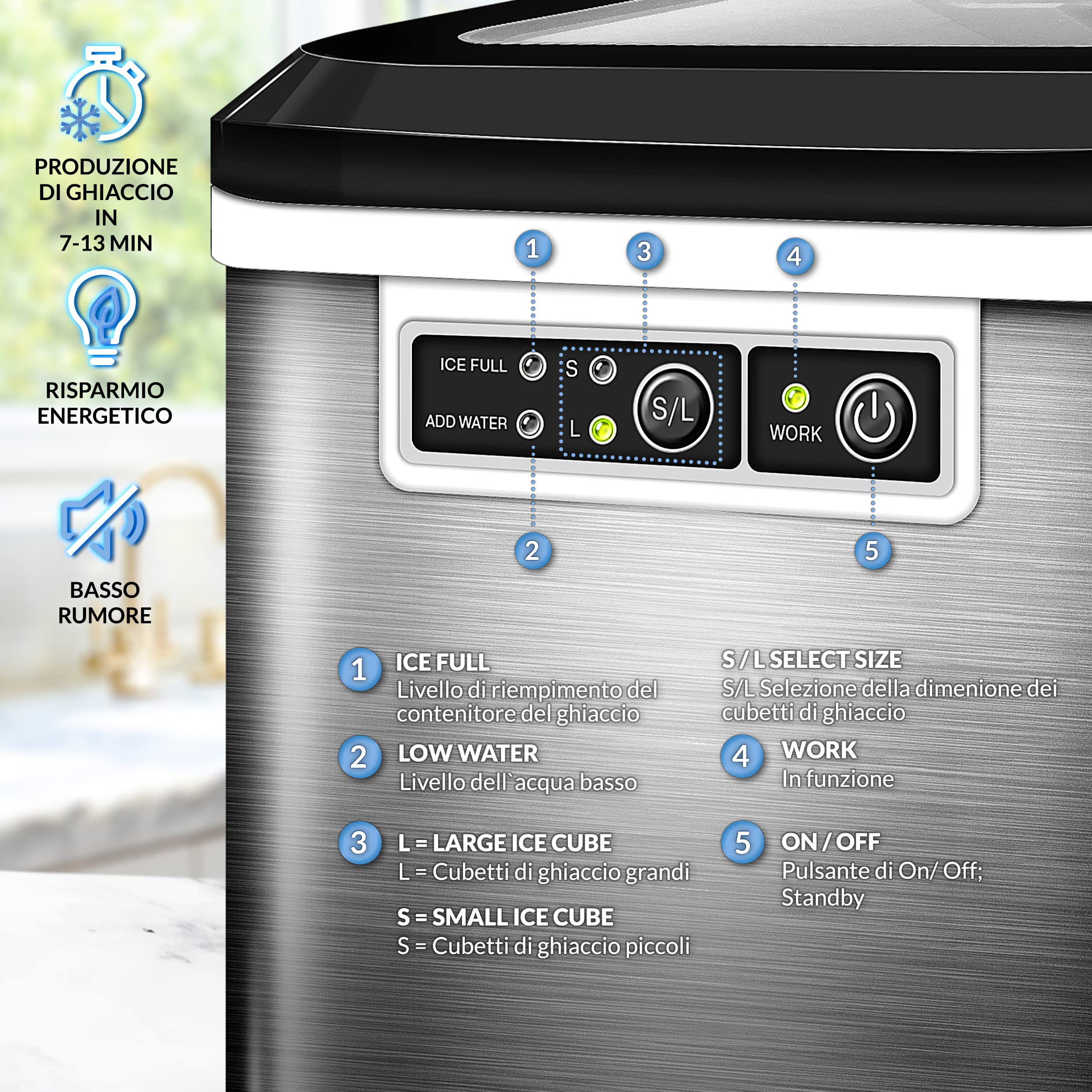 tillvex Macchina per Ghiaccio 12 kg - 24 h | da Casa in Acciaio Inossidabile | Professionale | 2,2 L Serbatoio d'Acqua | Display LED, Autopulizia | 2 Misure di Cubetti
