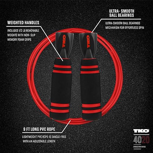 Miniatura 4 de TKO Cuerda de saltar con peso para entrenamiento de adultos  Pesos extraíbles de 2 a 0.5 libras  9 pies de largo para entrenamientos de ejercicio