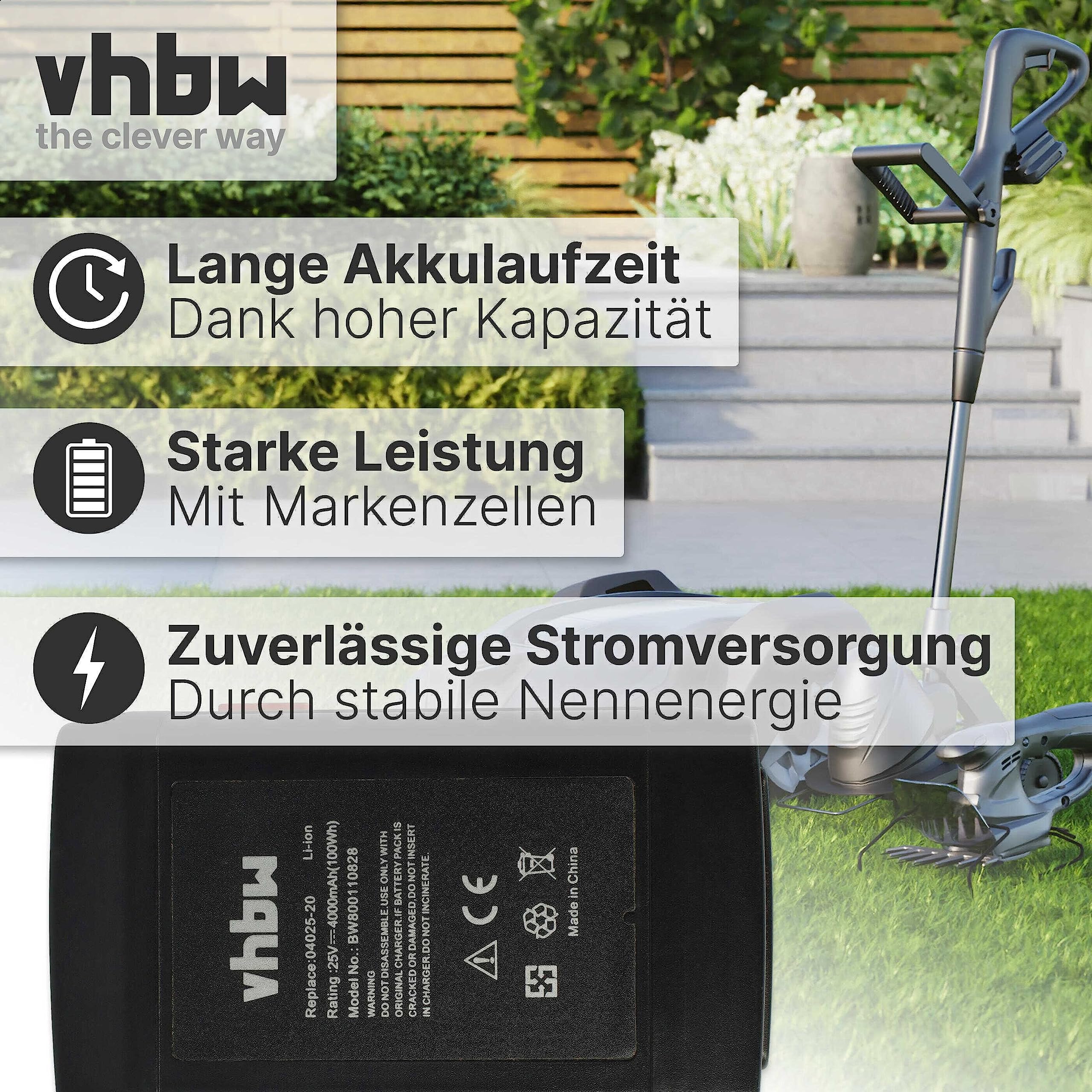 vhbw Batería Compatible con Gardena 525563001, 4025-00.640.00 cortacésped 4000mAh 25V Li-Ion