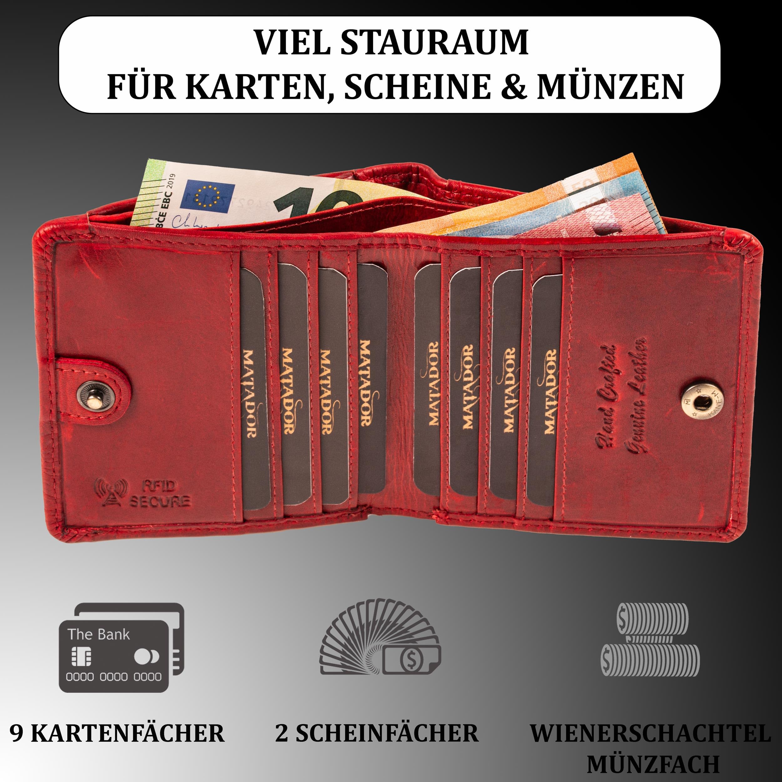 MATADOR Małe wiedeńskie pudełko, mini portmonetka męska, mała, skóra, mały portfel damski z blokadą RFID, z pudełkiem na prezent, Klasyczny